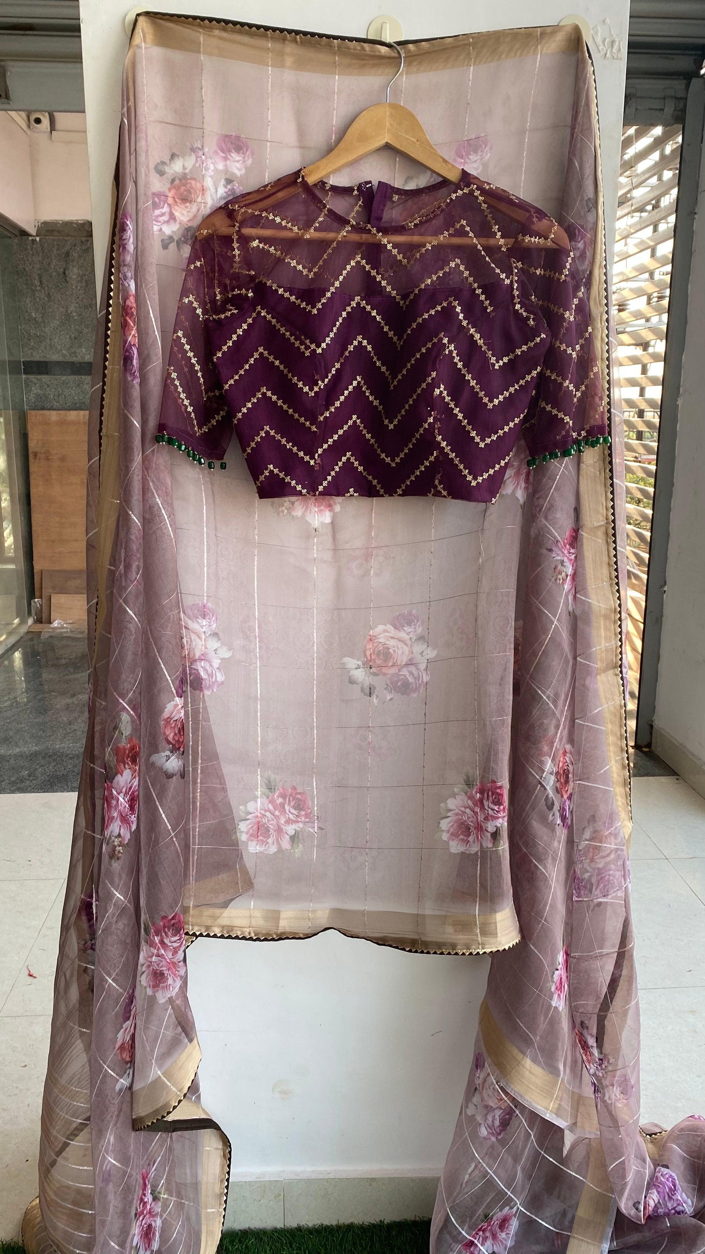 Wine netted hand worked blouse for designer saree - Threads