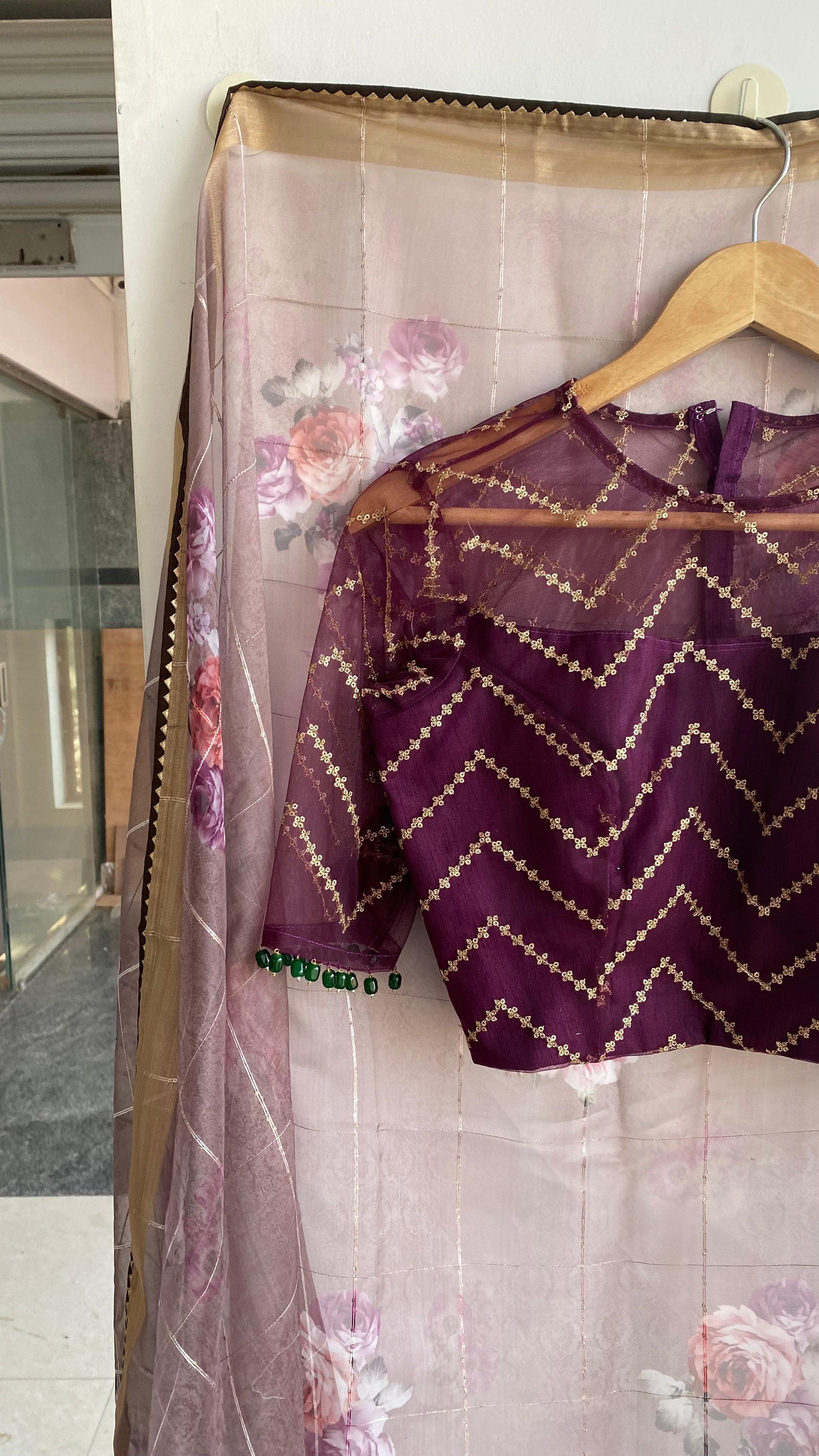Wine netted hand worked blouse for designer saree - Threads