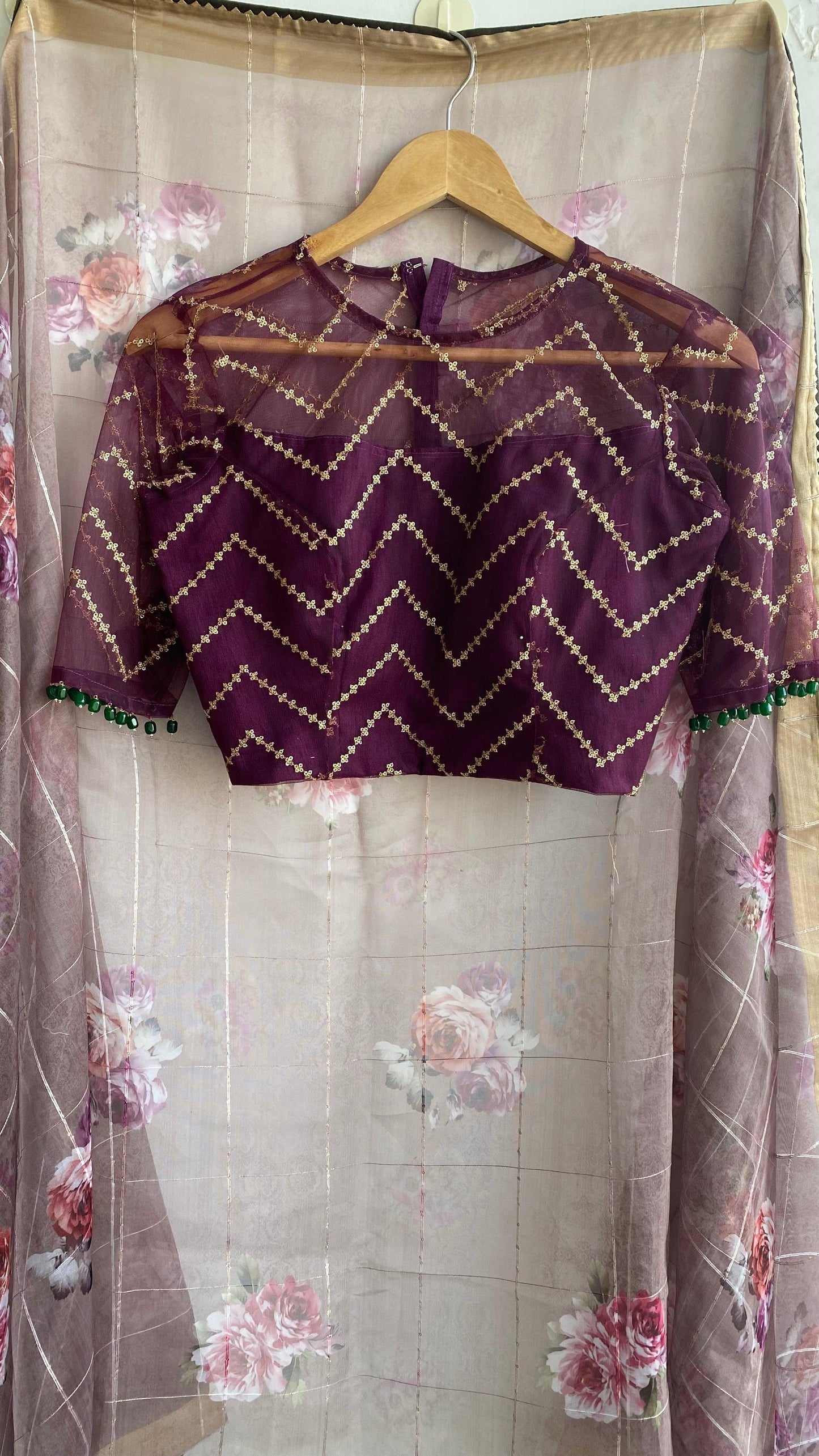 Wine netted hand worked blouse for designer saree - Threads