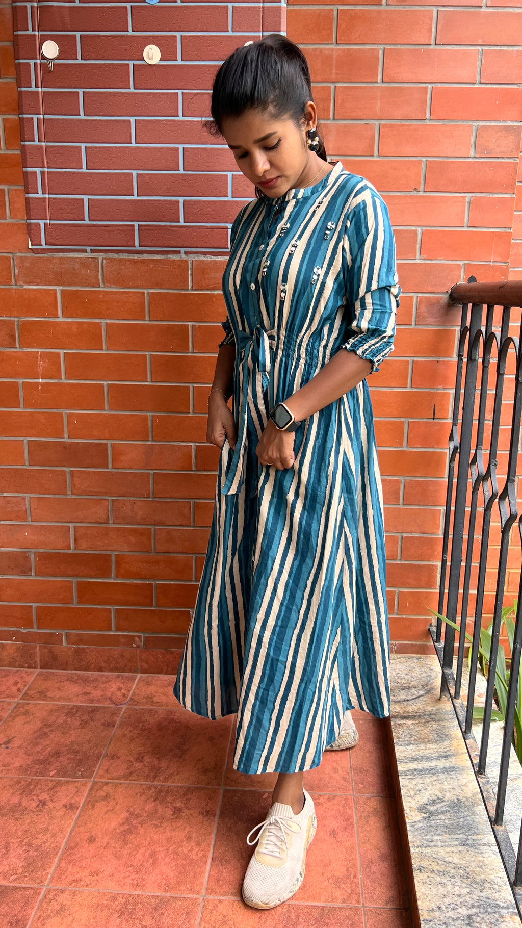 Blue and white stripe embroidery hand worked kurti top - Threads