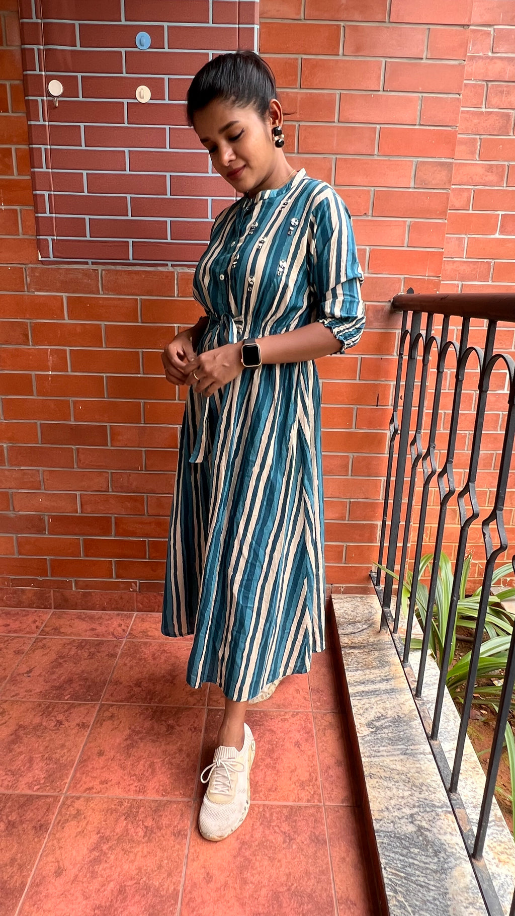 Blue and white stripe embroidery hand worked kurti top - Threads