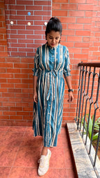 Blue and white stripe embroidery hand worked kurti top - Threads
