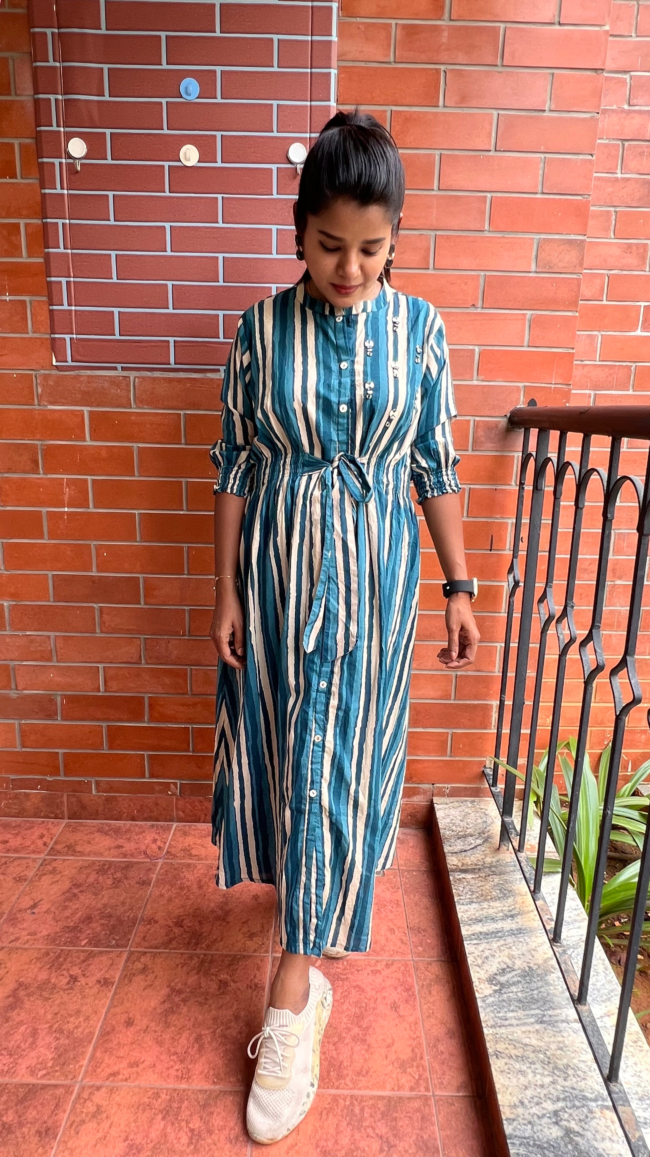 Blue and white stripe embroidery hand worked kurti top - Threads