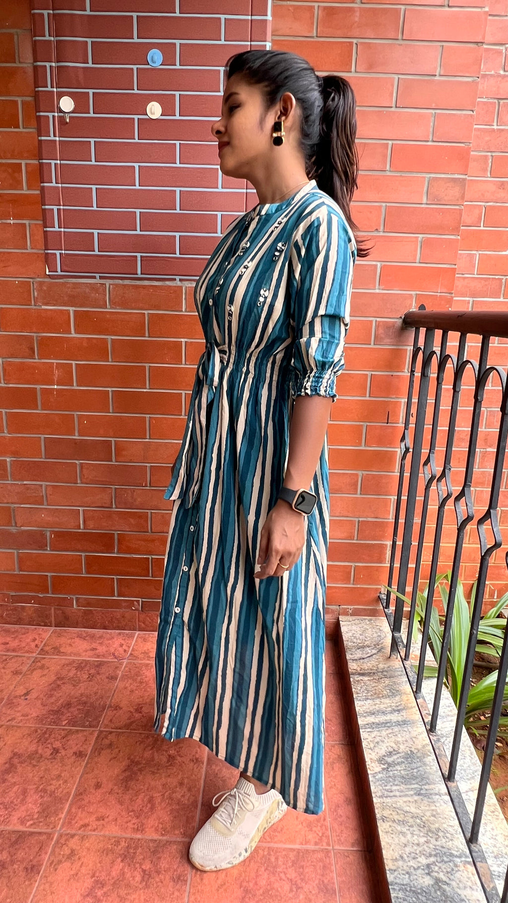 Blue and white stripe embroidery hand worked kurti top - Threads