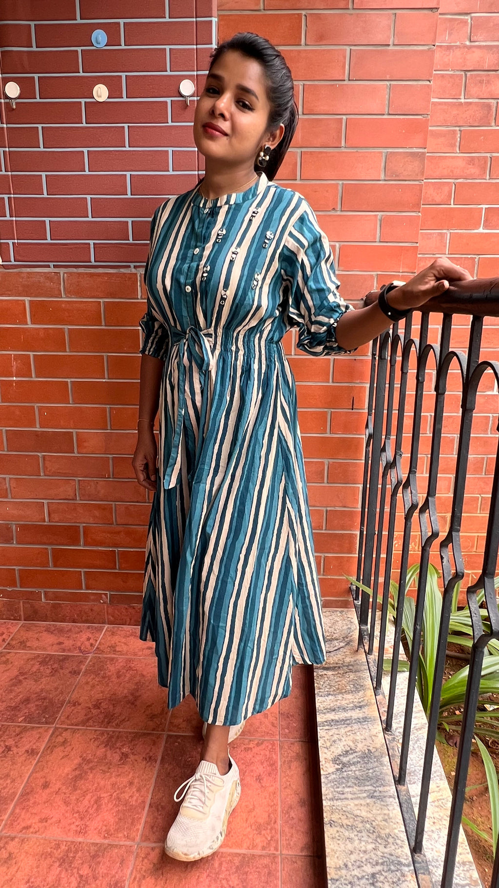 Blue and white stripe embroidery hand worked kurti top - Threads