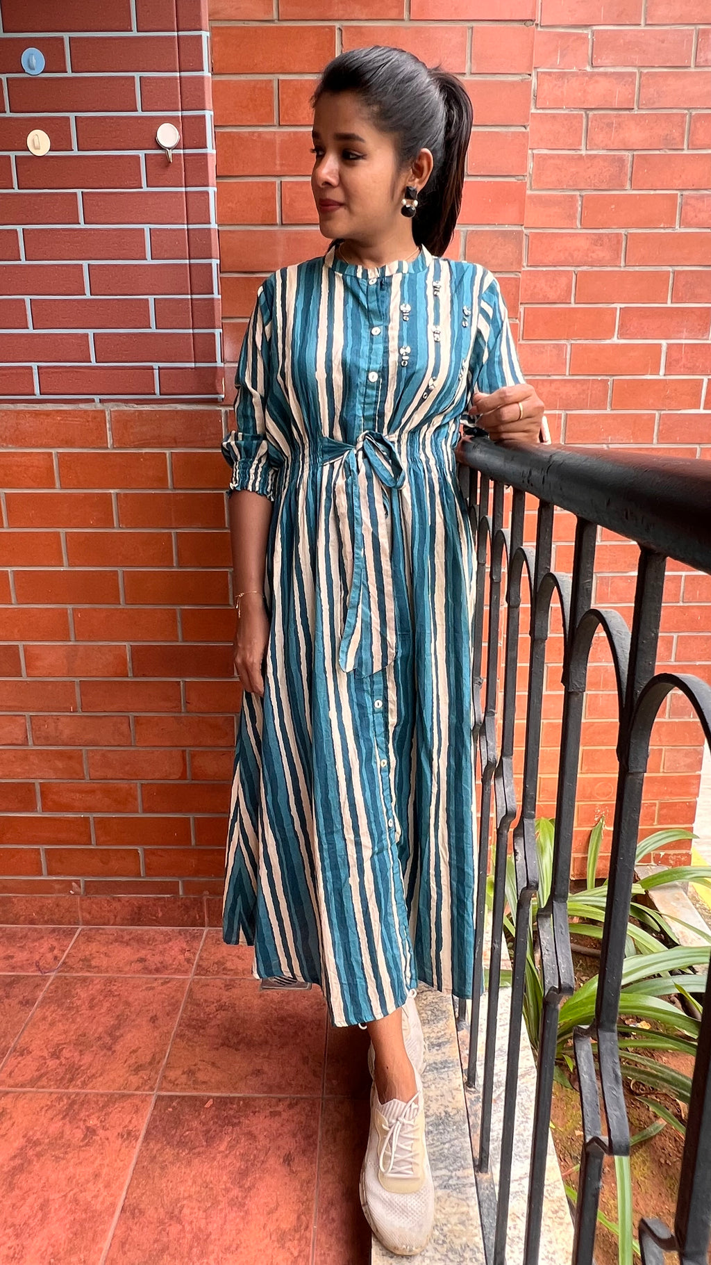 Blue and white stripe embroidery hand worked kurti top - Threads