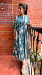 Blue and white stripe embroidery hand worked kurti top - Threads