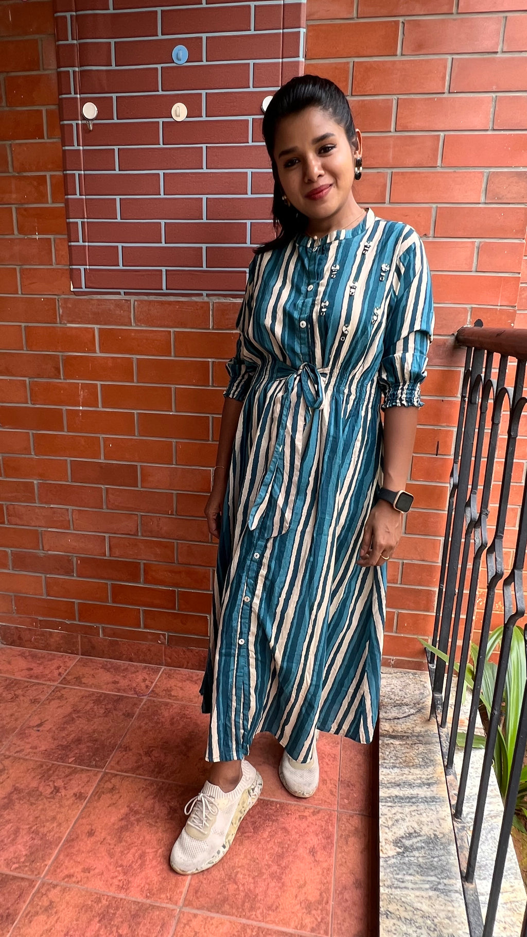 Blue and white stripe embroidery hand worked kurti top - Threads