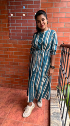 Blue and white stripe embroidery hand worked kurti top - Threads