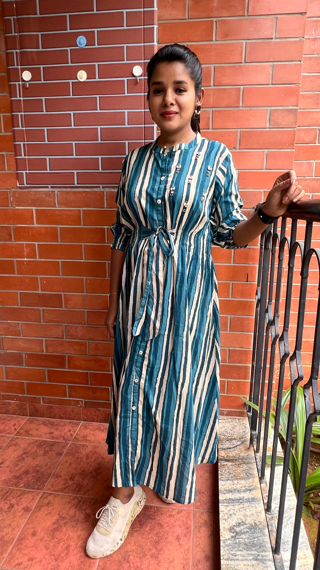 Blue and white stripe embroidery hand worked kurti top - Threads