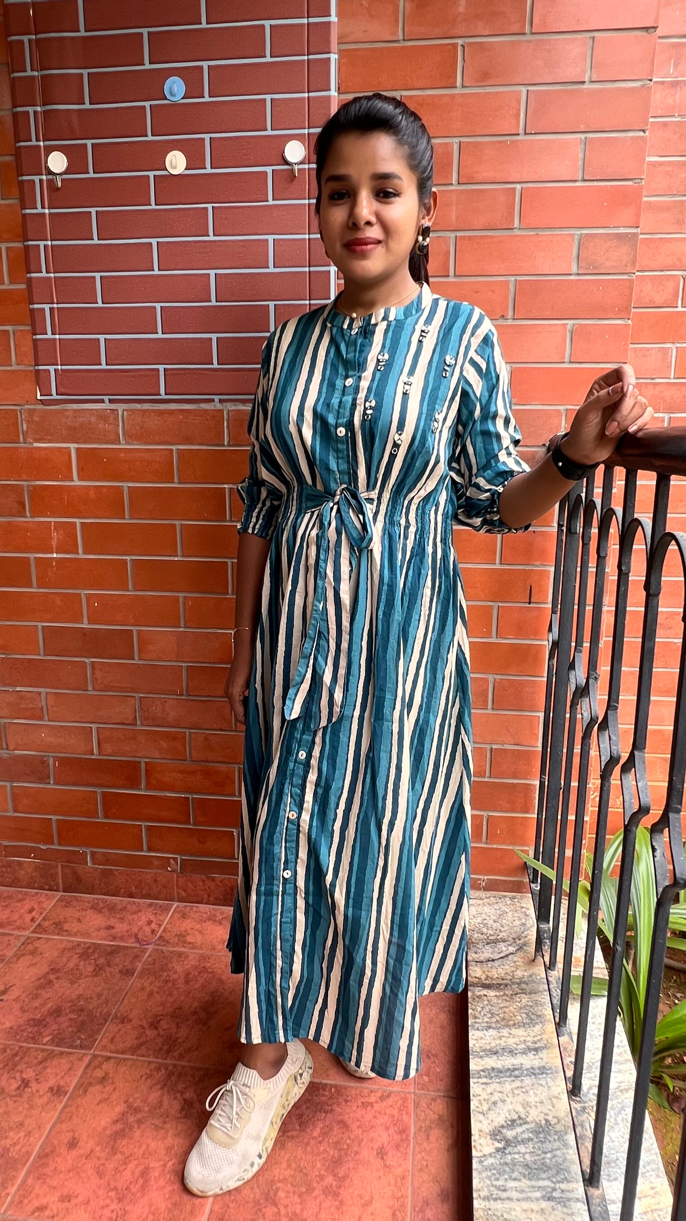 Blue and white stripe embroidery hand worked kurti top - Threads