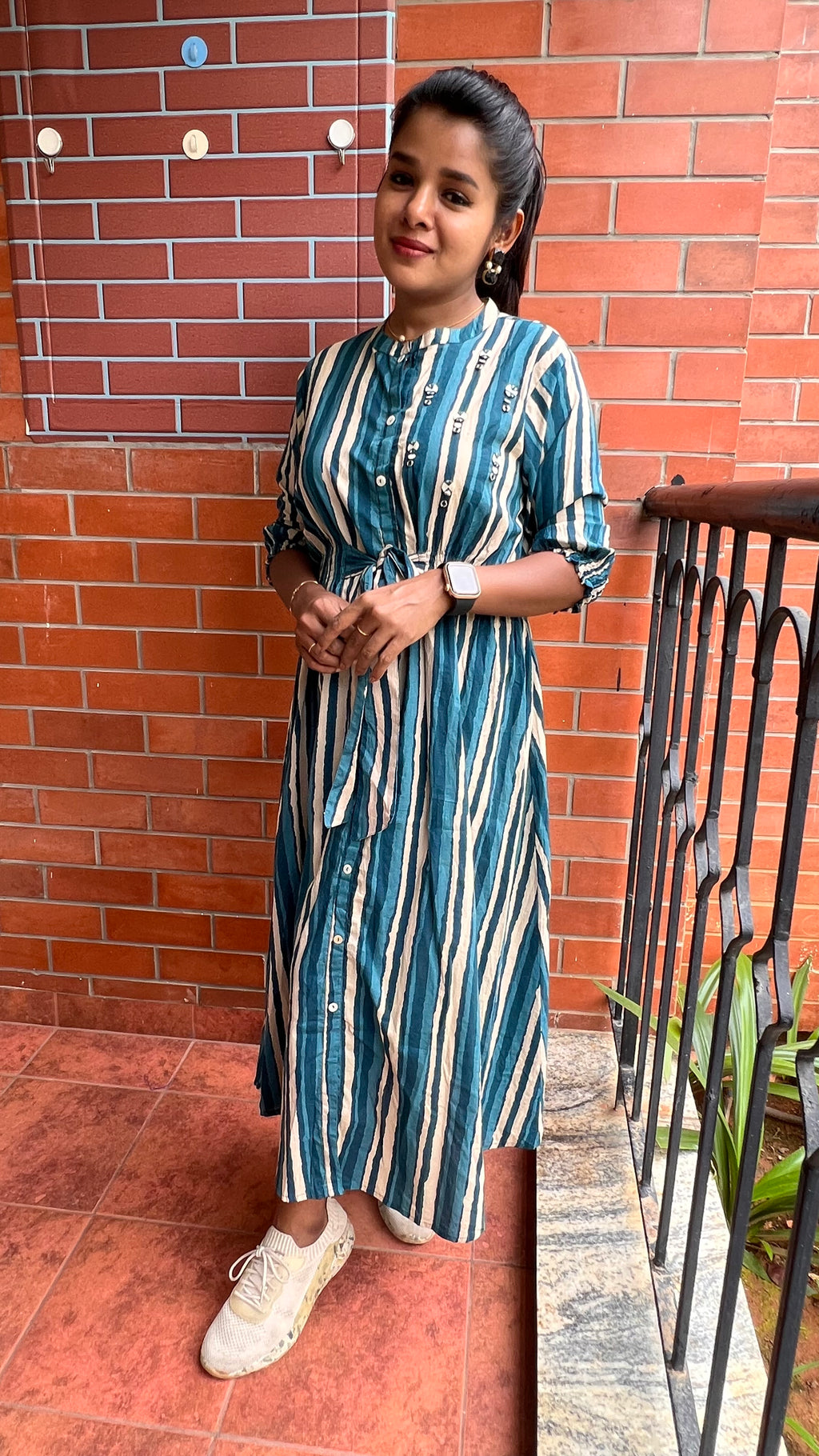 Blue and white stripe embroidery hand worked kurti top - Threads
