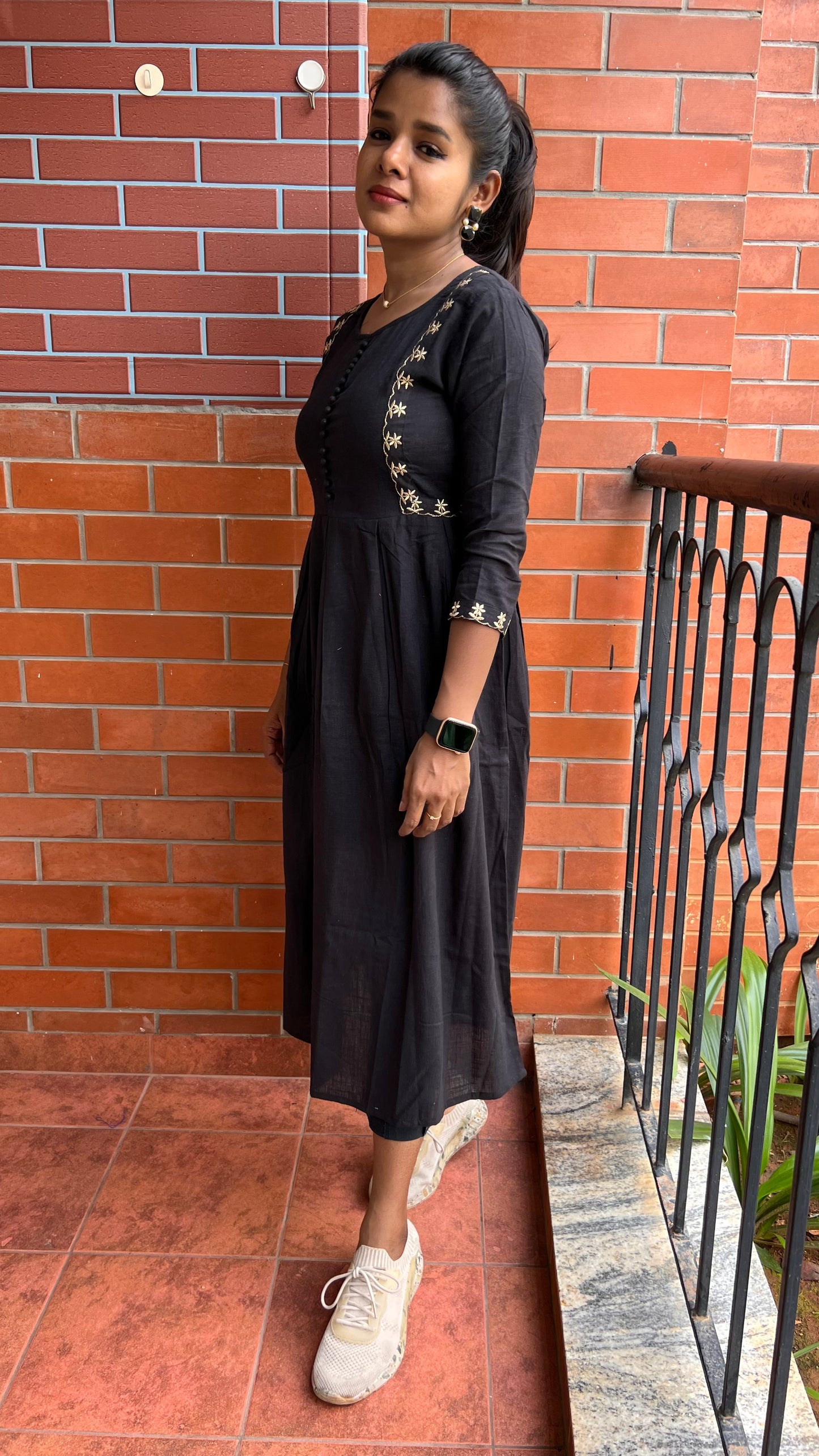 Black cotton embroidery hand worked kurti top - Threads