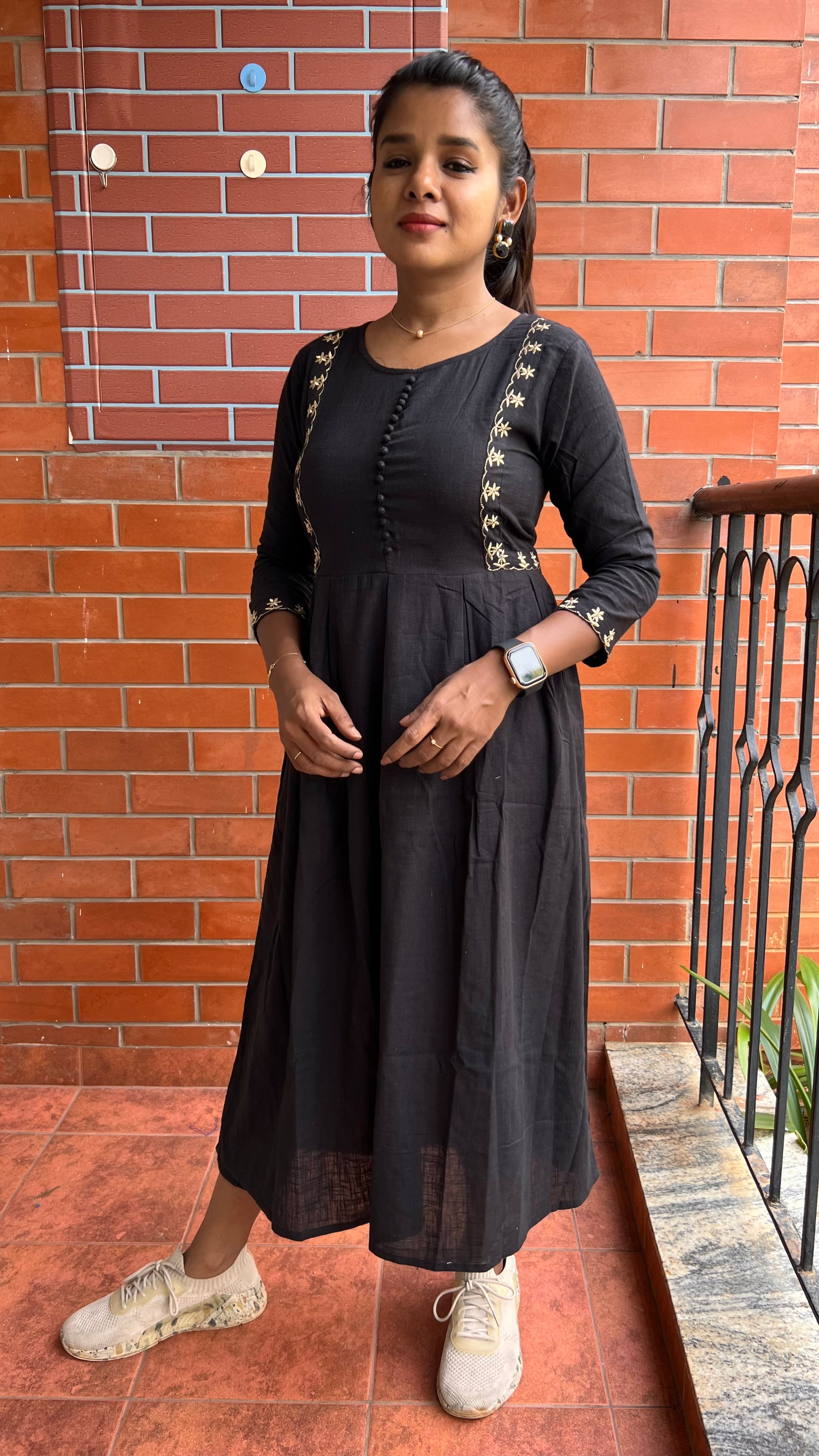 Black cotton embroidery hand worked kurti top - Threads