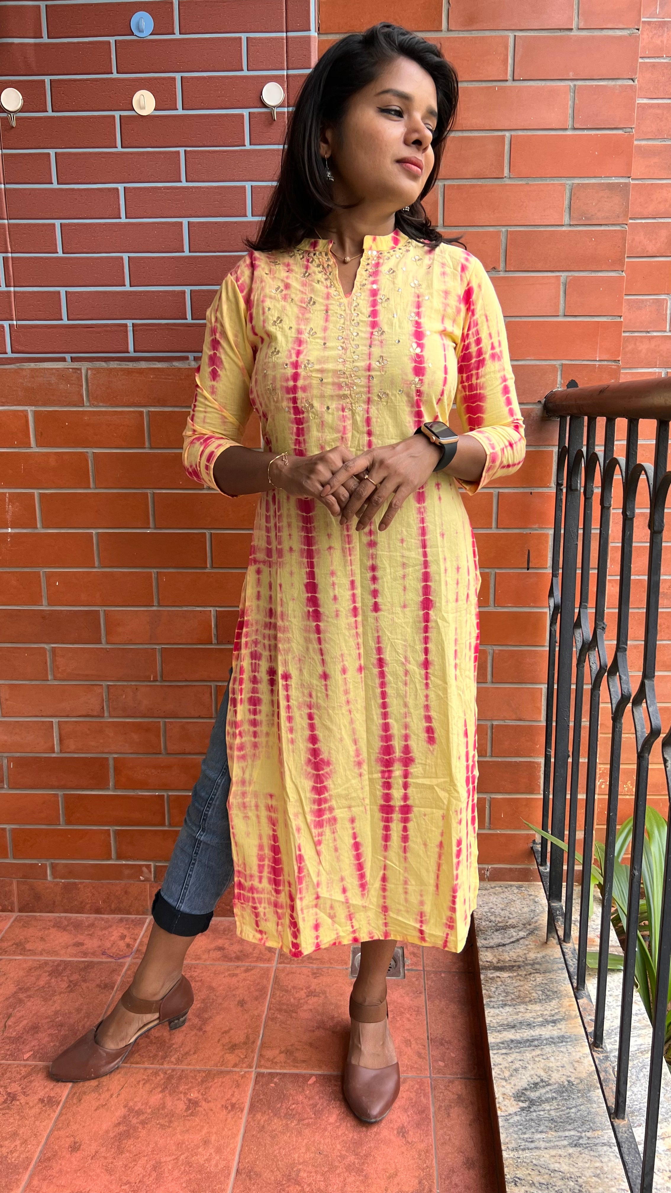Yellow and red pure shibori embroidery kurti top - Threads