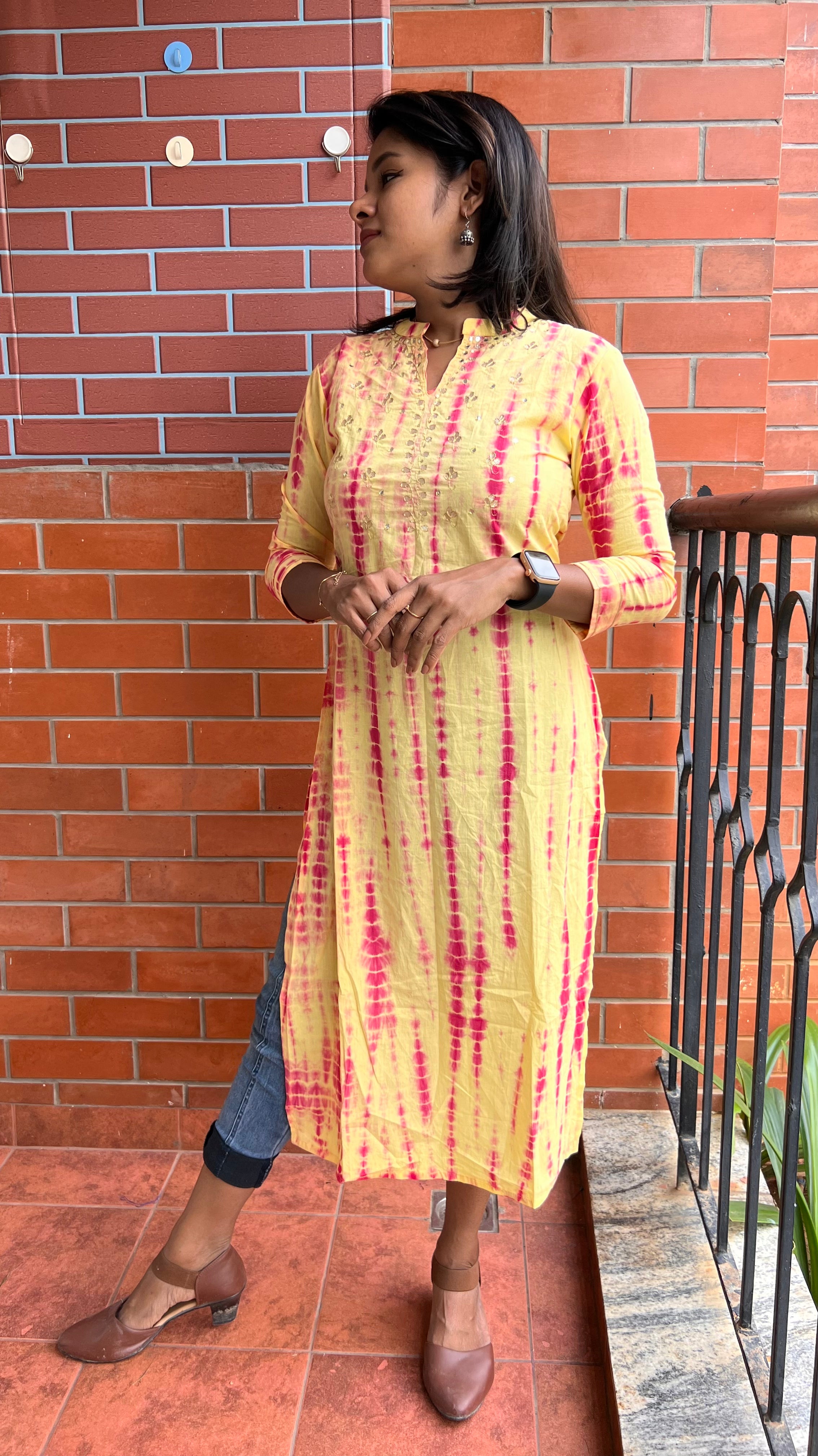 Yellow and red pure shibori embroidery kurti top - Threads
