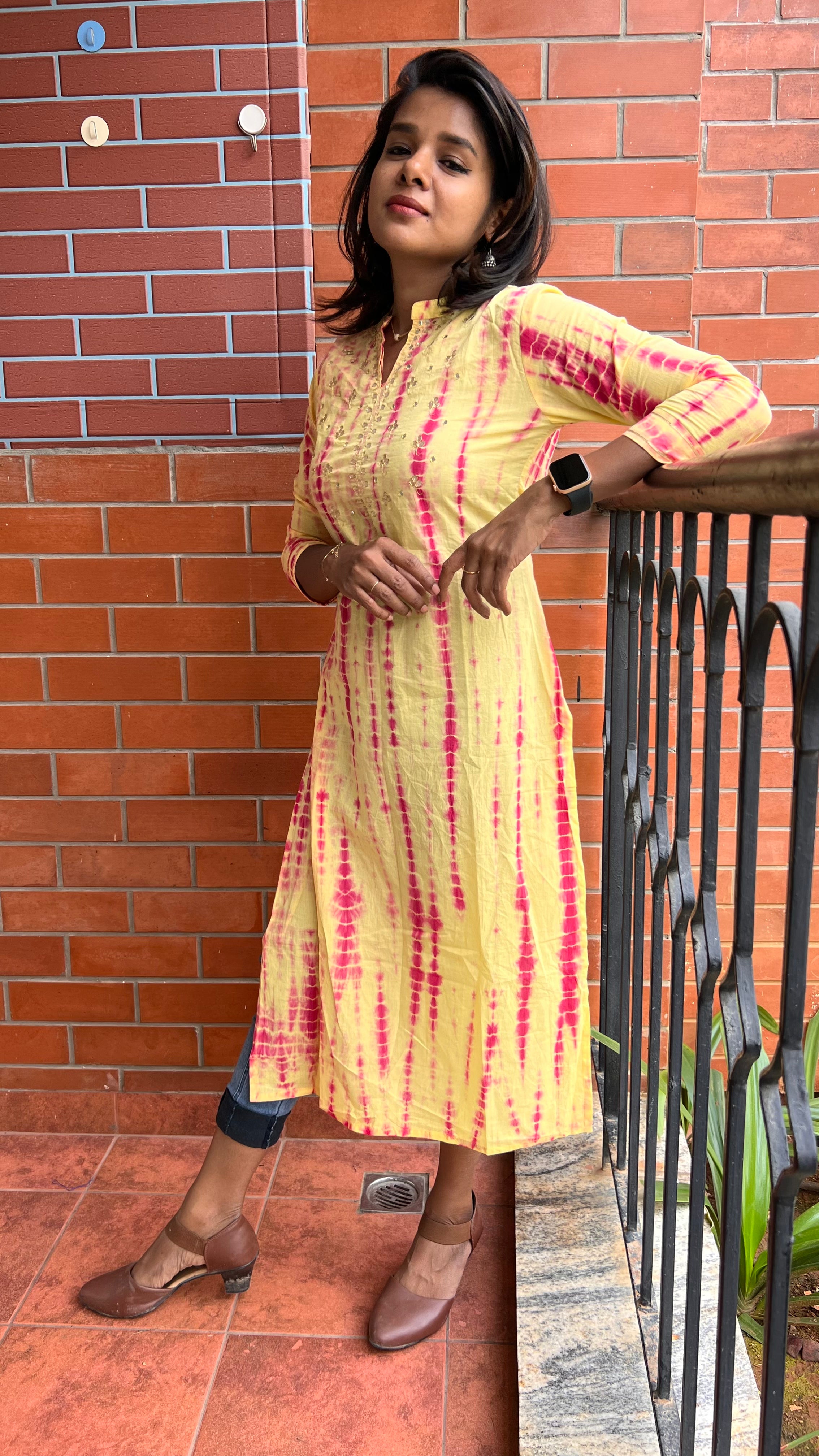 Yellow and red pure shibori embroidery kurti top - Threads