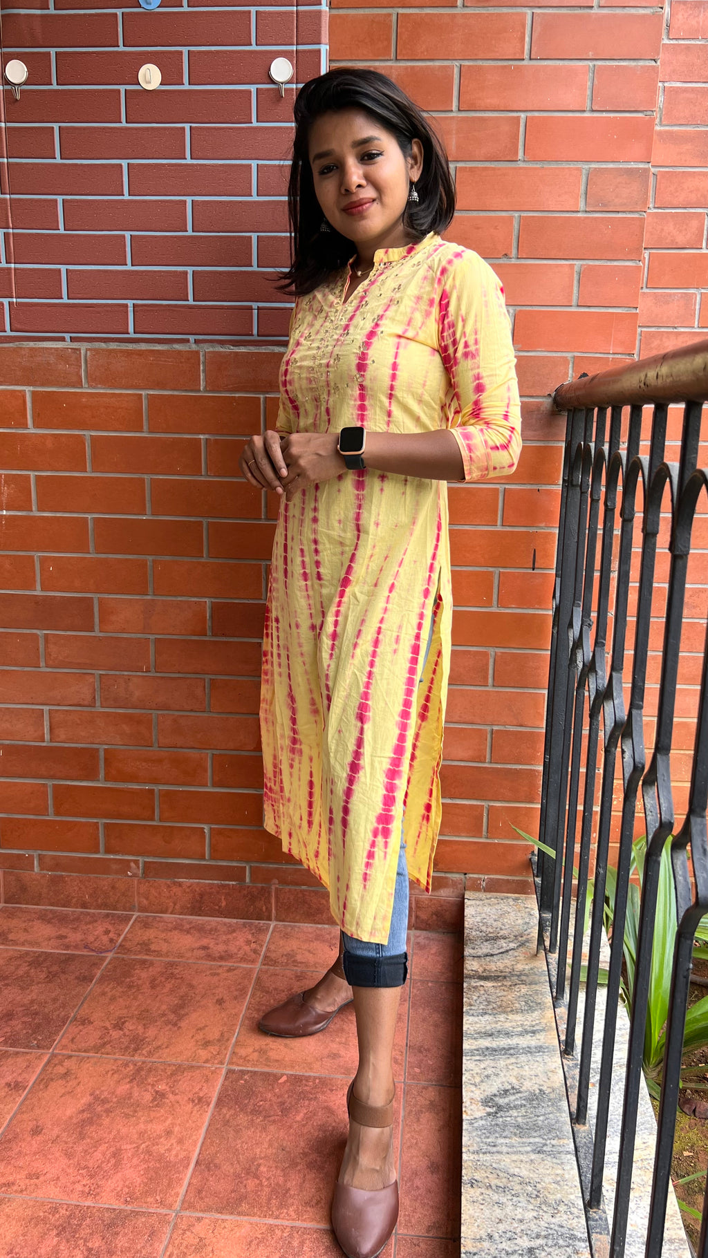 Yellow and red pure shibori embroidery kurti top - Threads