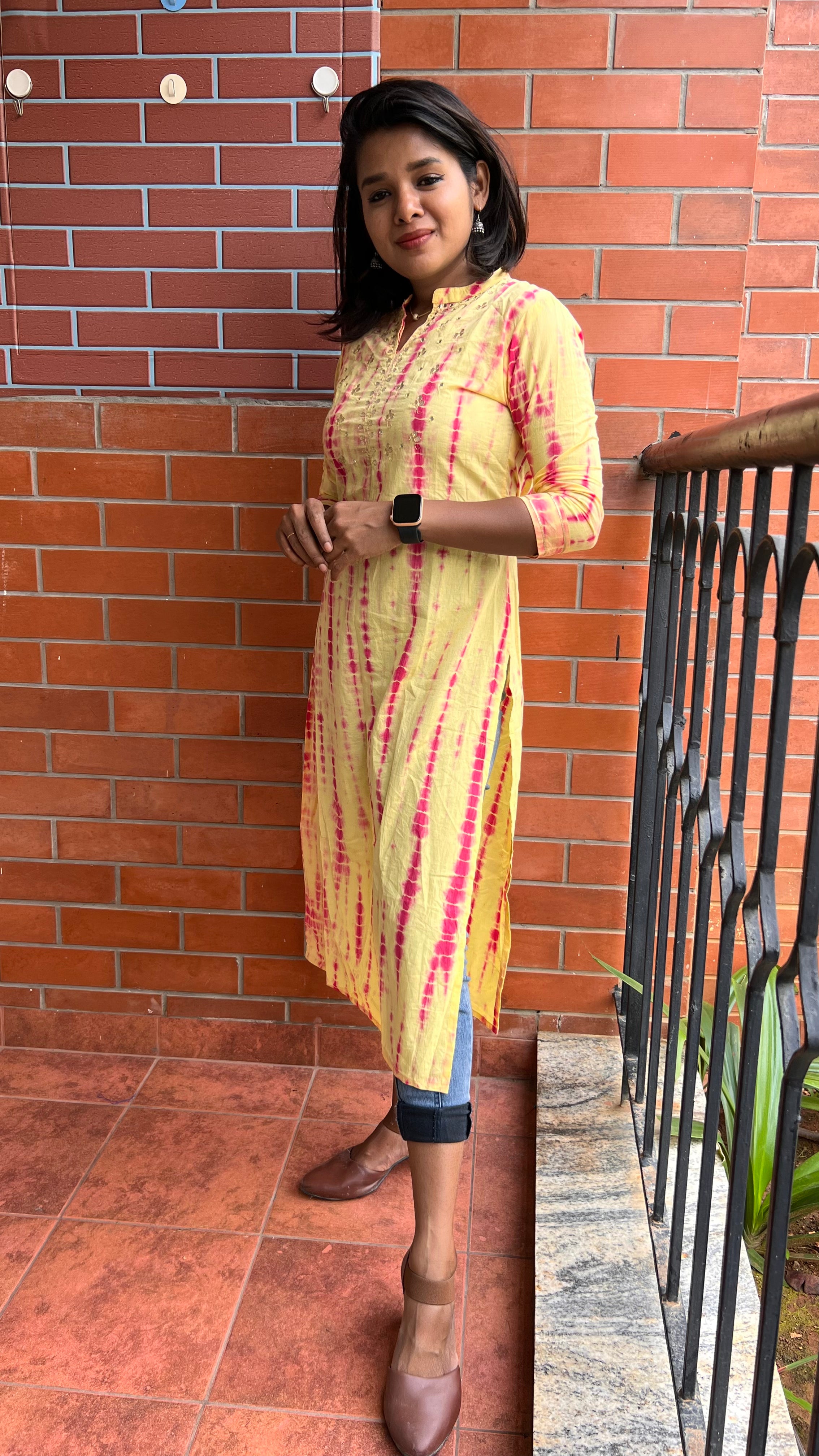 Yellow and red pure shibori embroidery kurti top - Threads