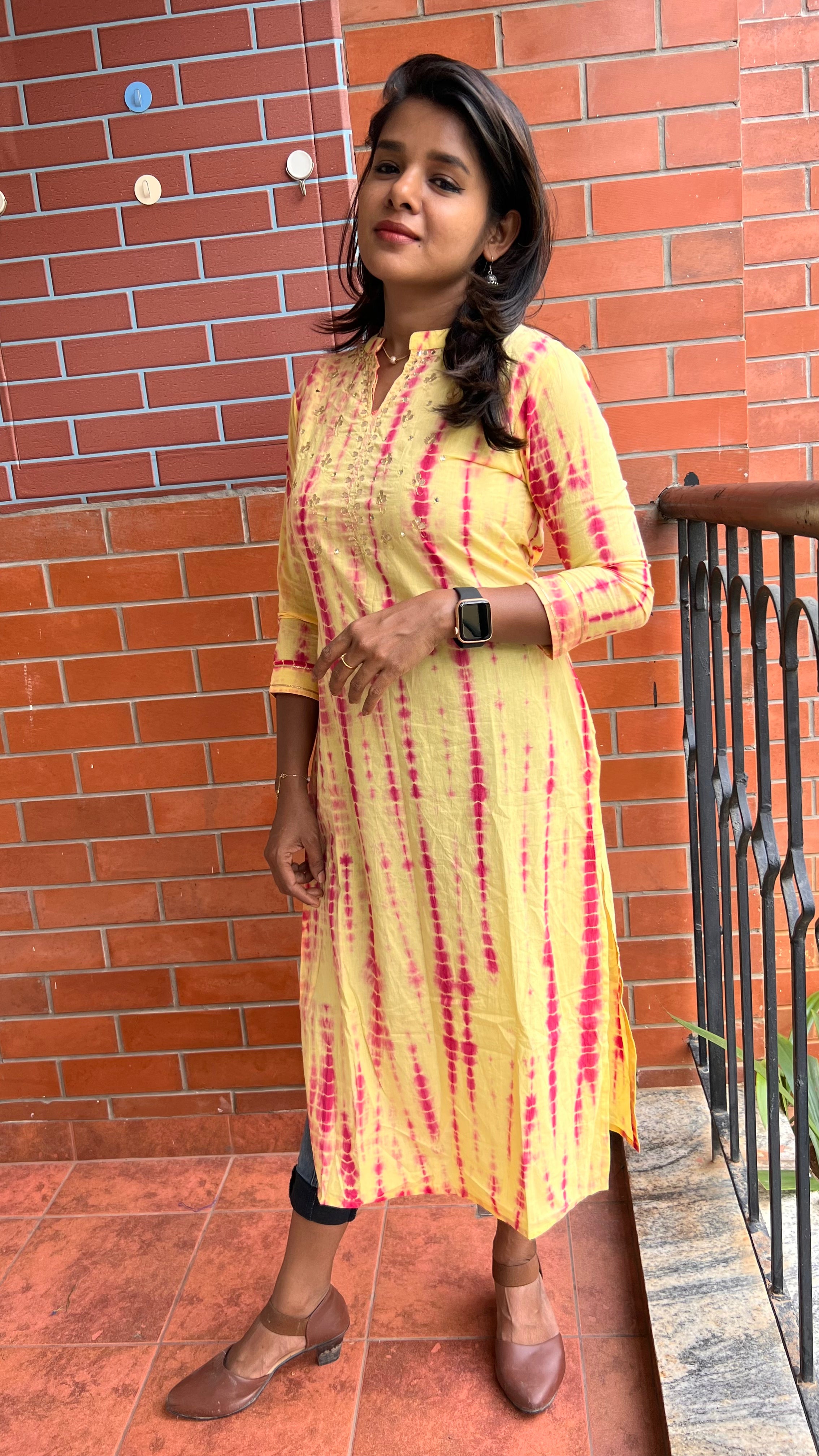 Yellow and red pure shibori embroidery kurti top - Threads