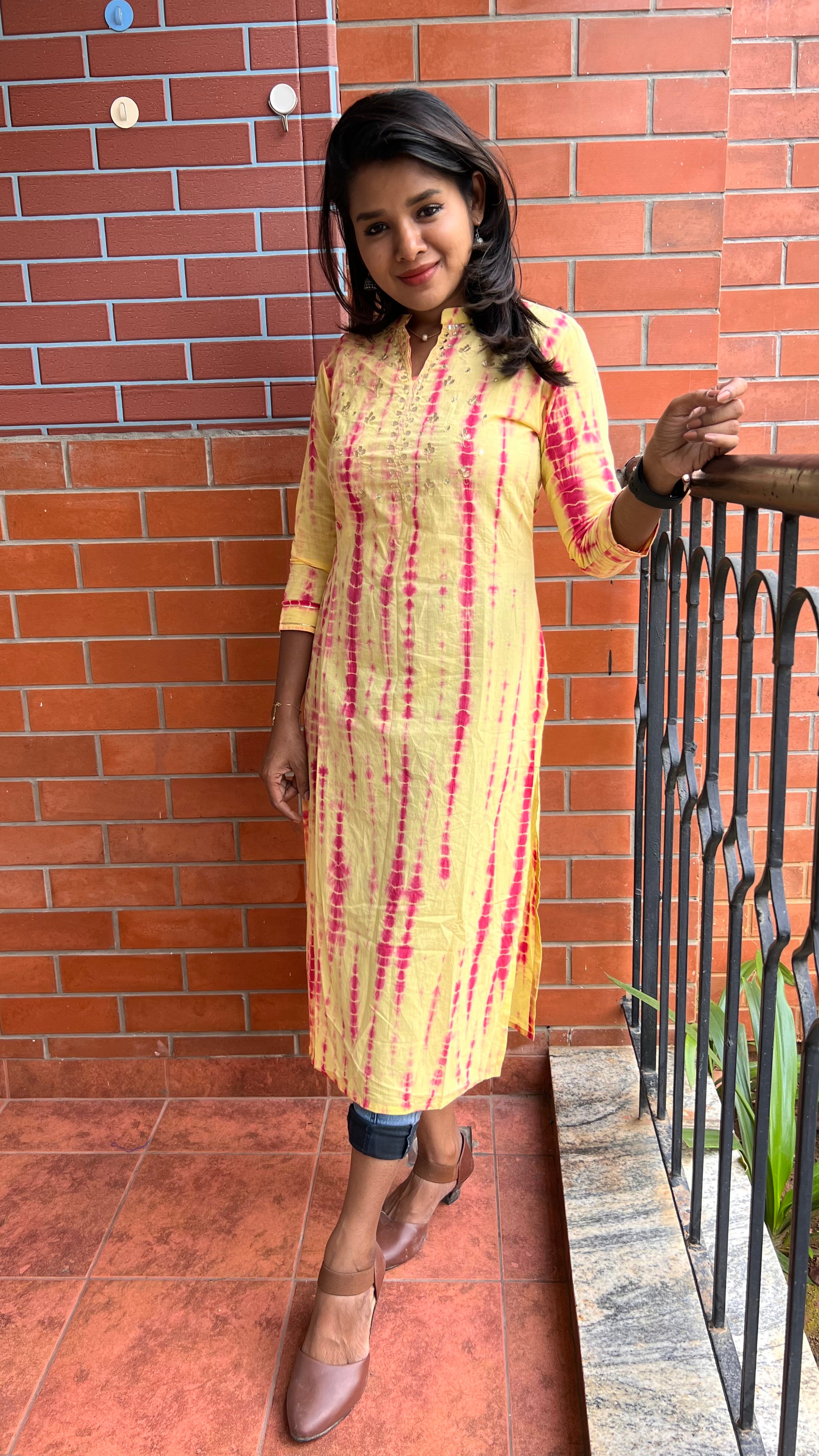 Yellow and red pure shibori embroidery kurti top - Threads
