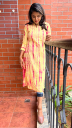 Yellow and red pure shibori embroidery kurti top - Threads