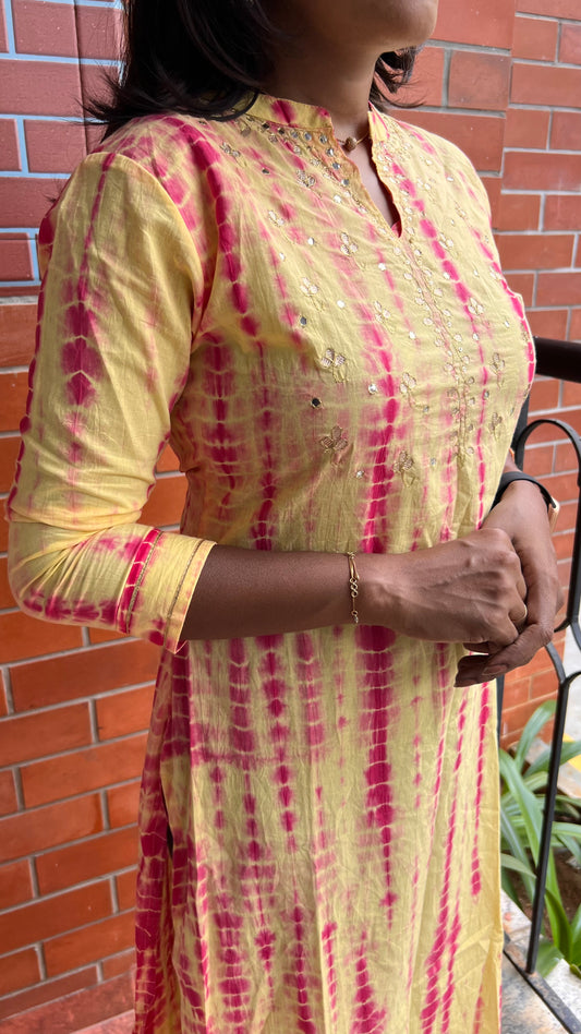 Yellow and red pure shibori embroidery kurti top - Threads