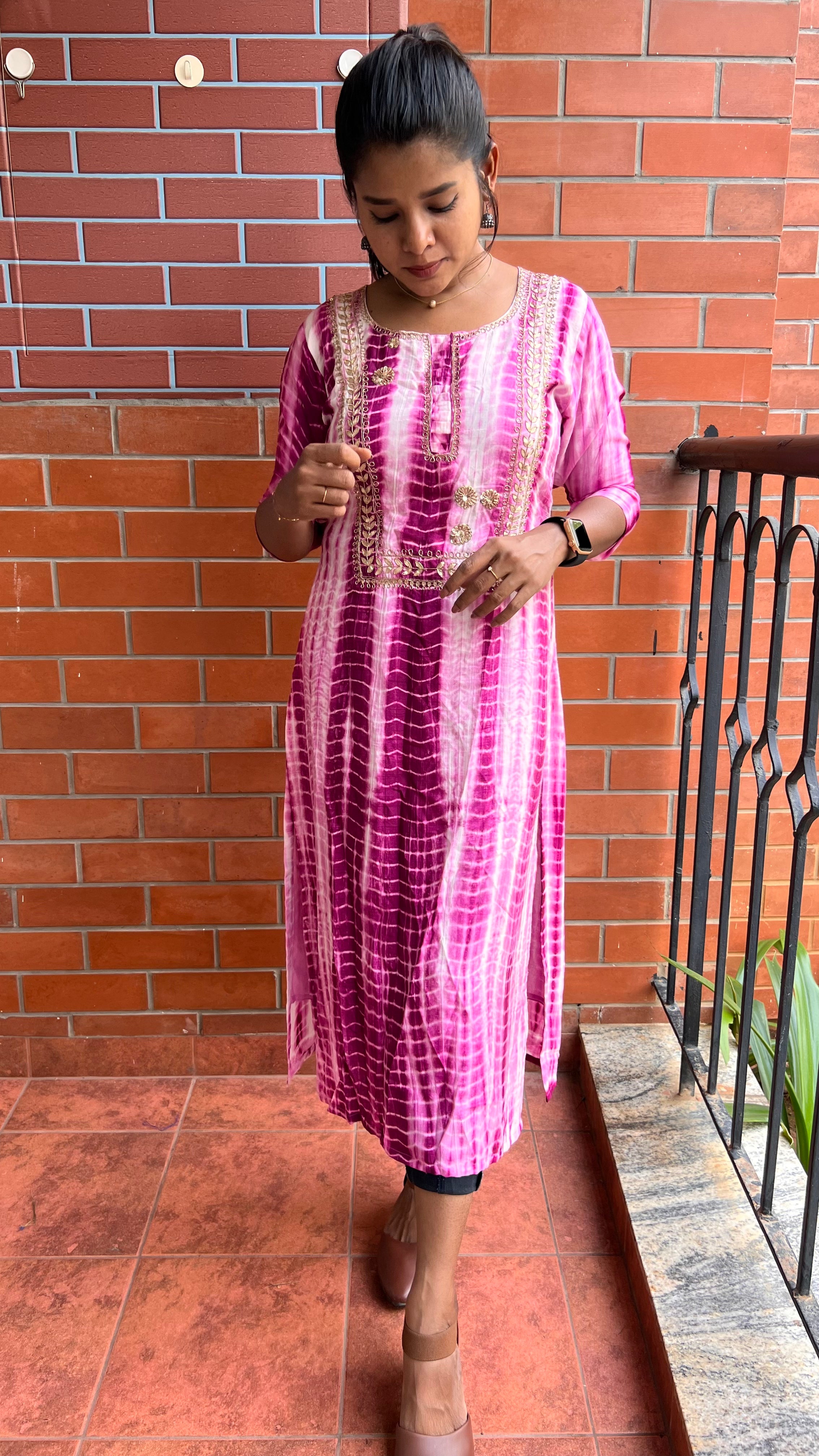 Pink and white pure shibori embroidery kurti top - Threads