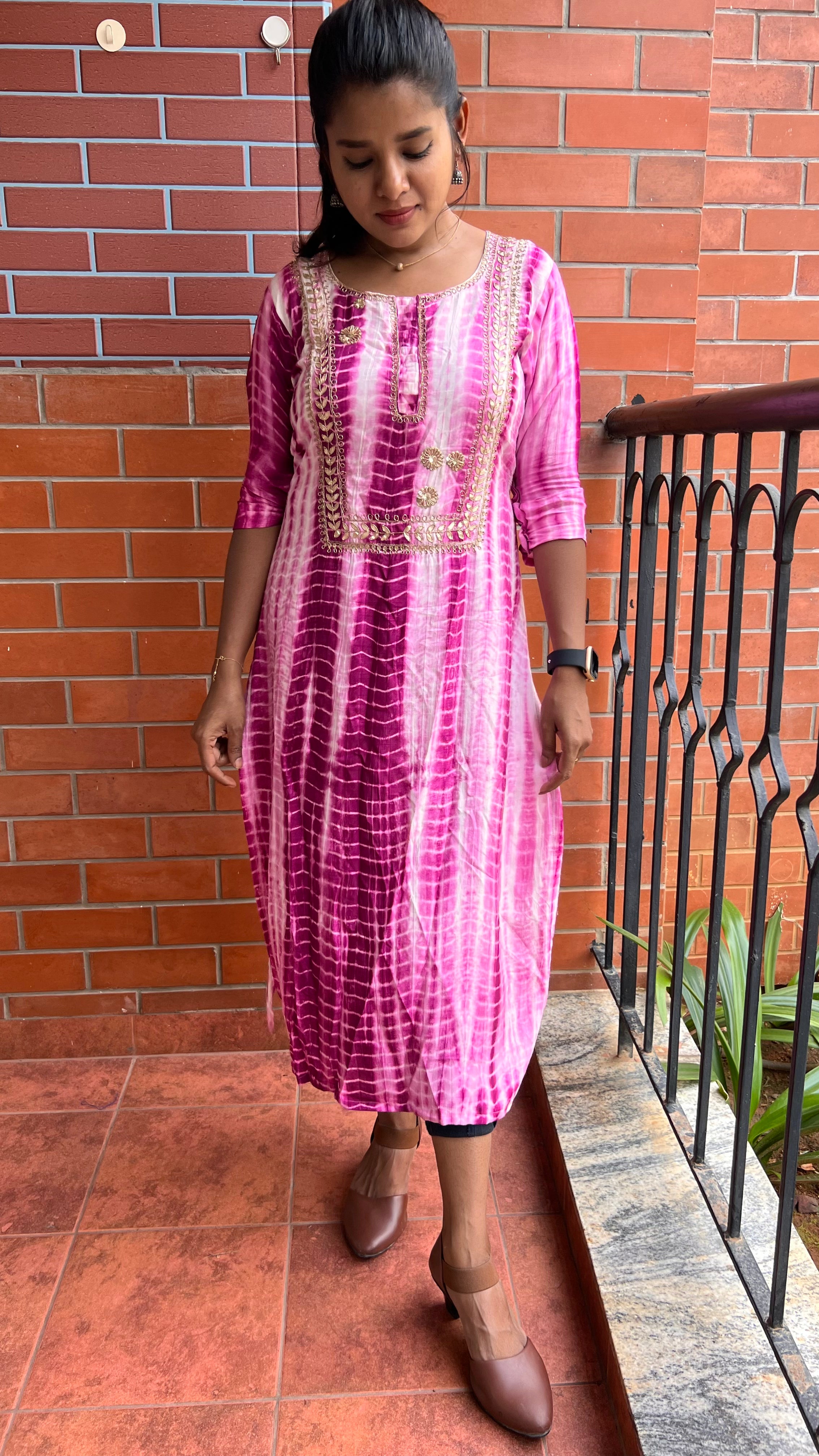 Pink and white pure shibori embroidery kurti top - Threads