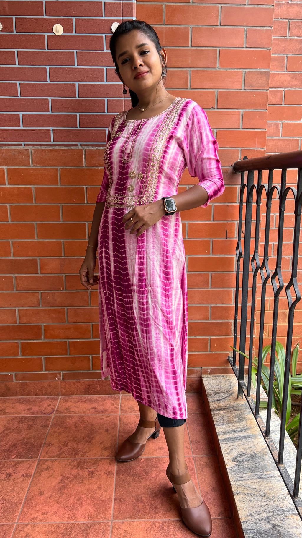 Pink and white pure shibori embroidery kurti top - Threads