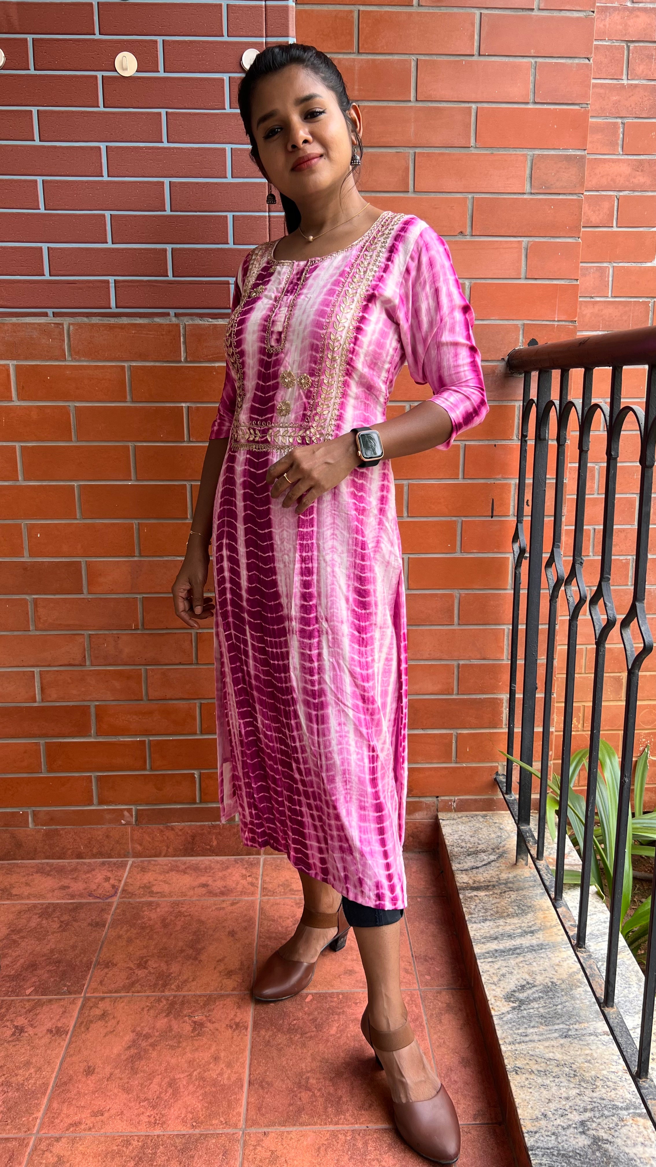 Pink and white pure shibori embroidery kurti top - Threads