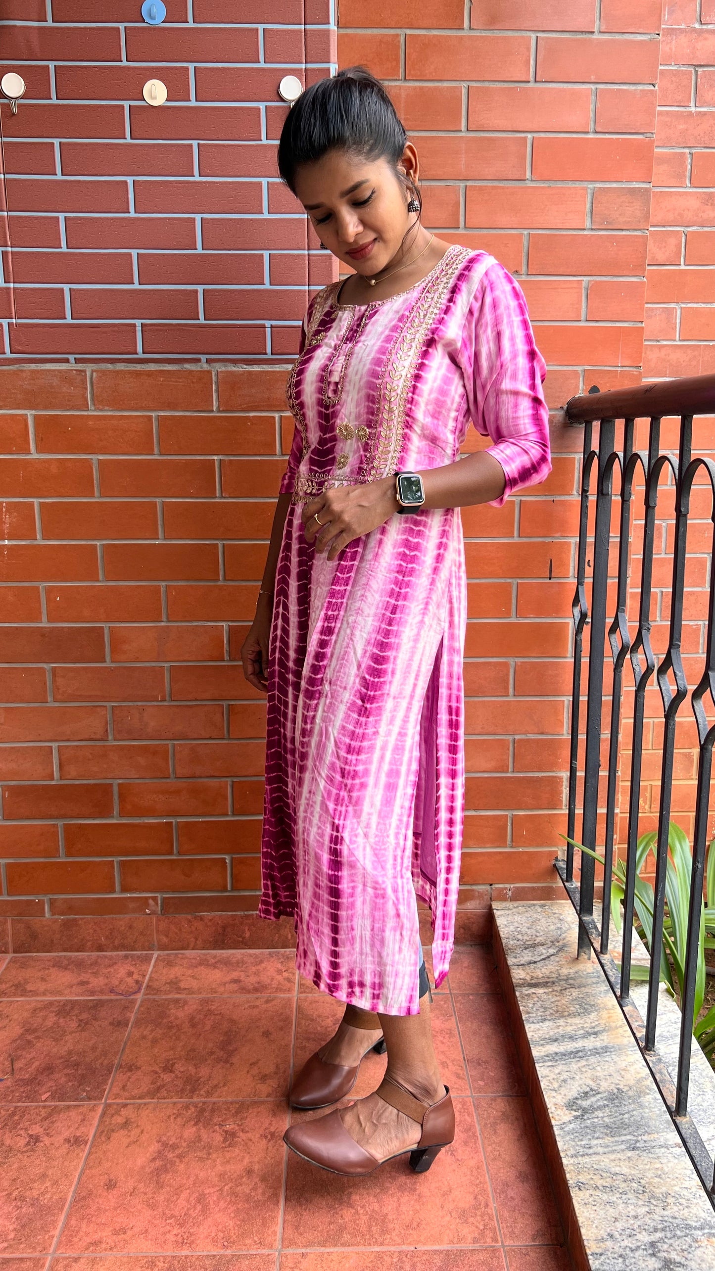 Pink and white pure shibori embroidery kurti top - Threads