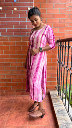 Pink and white pure shibori embroidery kurti top - Threads