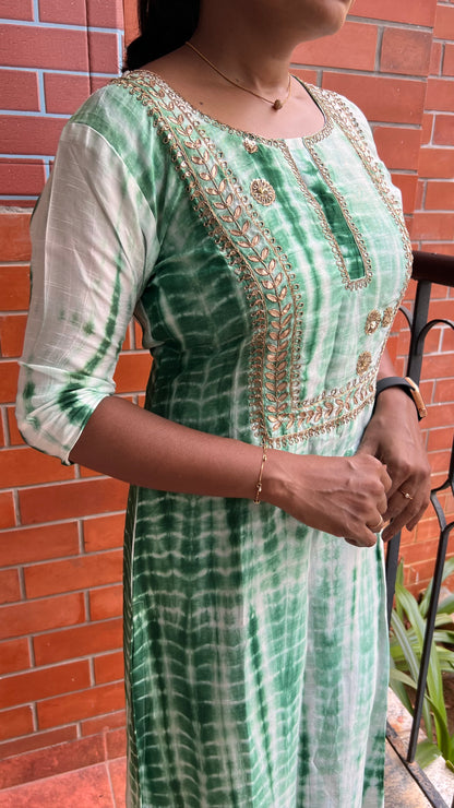 Green and white pure shibori embroidery kurti top - Threads
