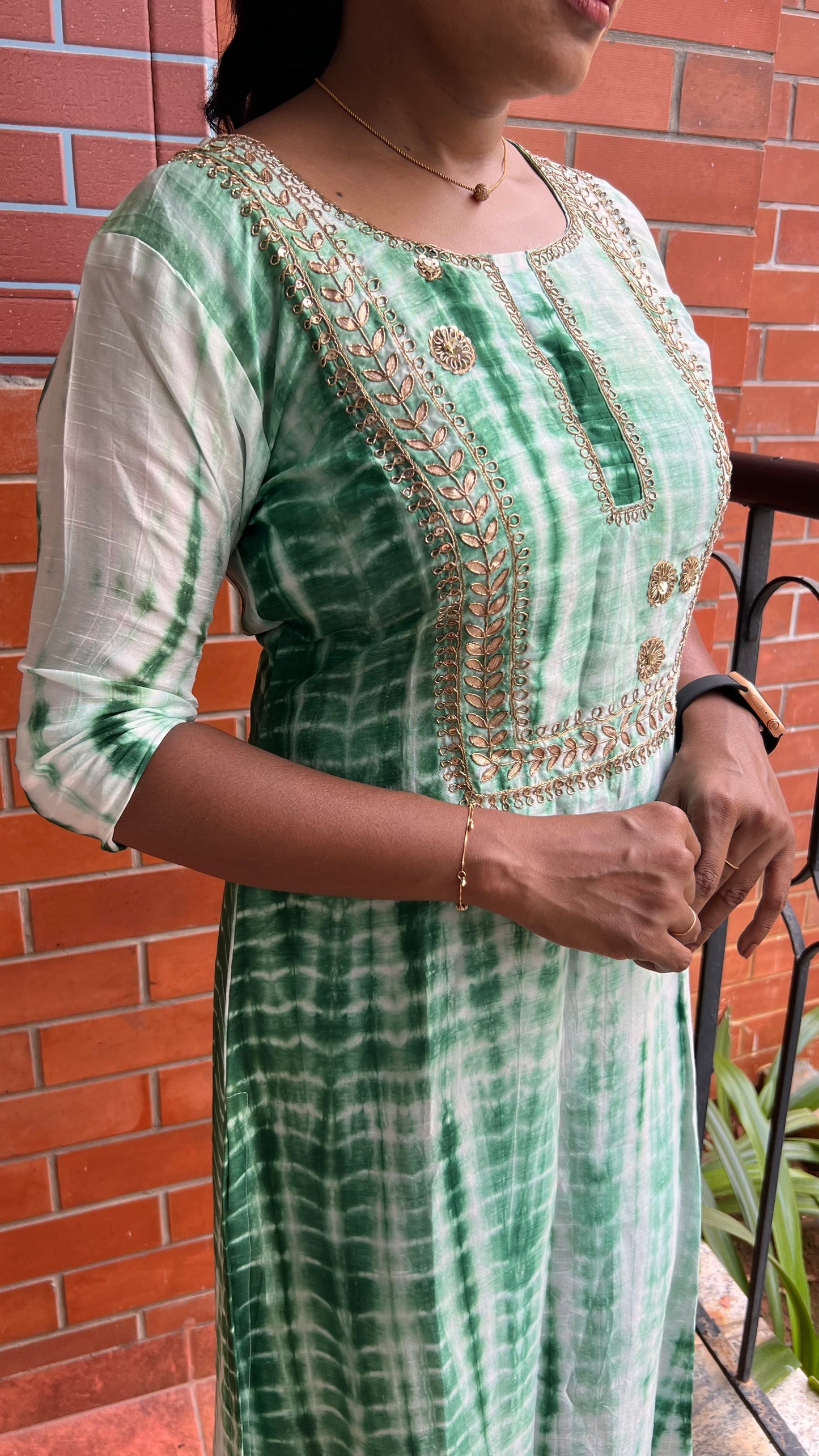 Green and white pure shibori embroidery kurti top - Threads