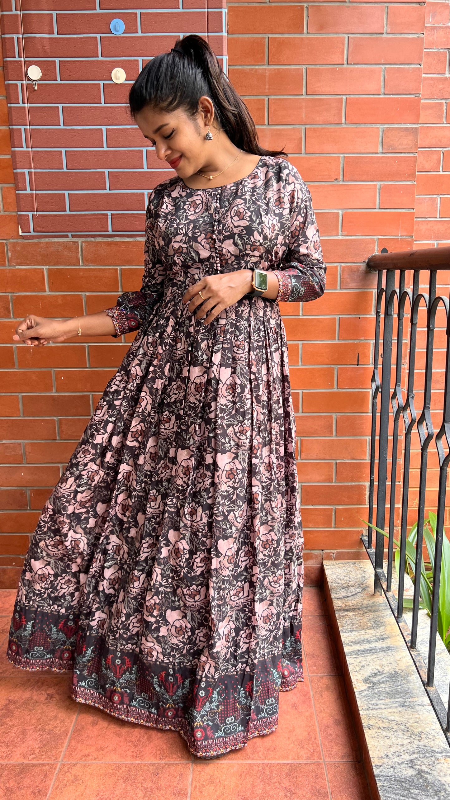 Pure muggu silk rose floral embroidery gown - Threads