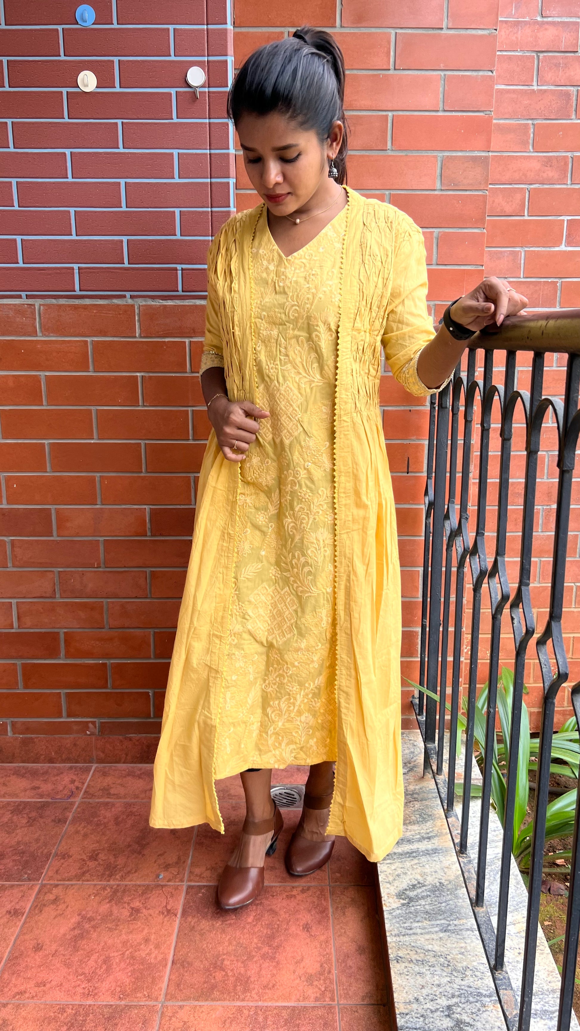 Yellow floral embroidery hand worked gown - Threads