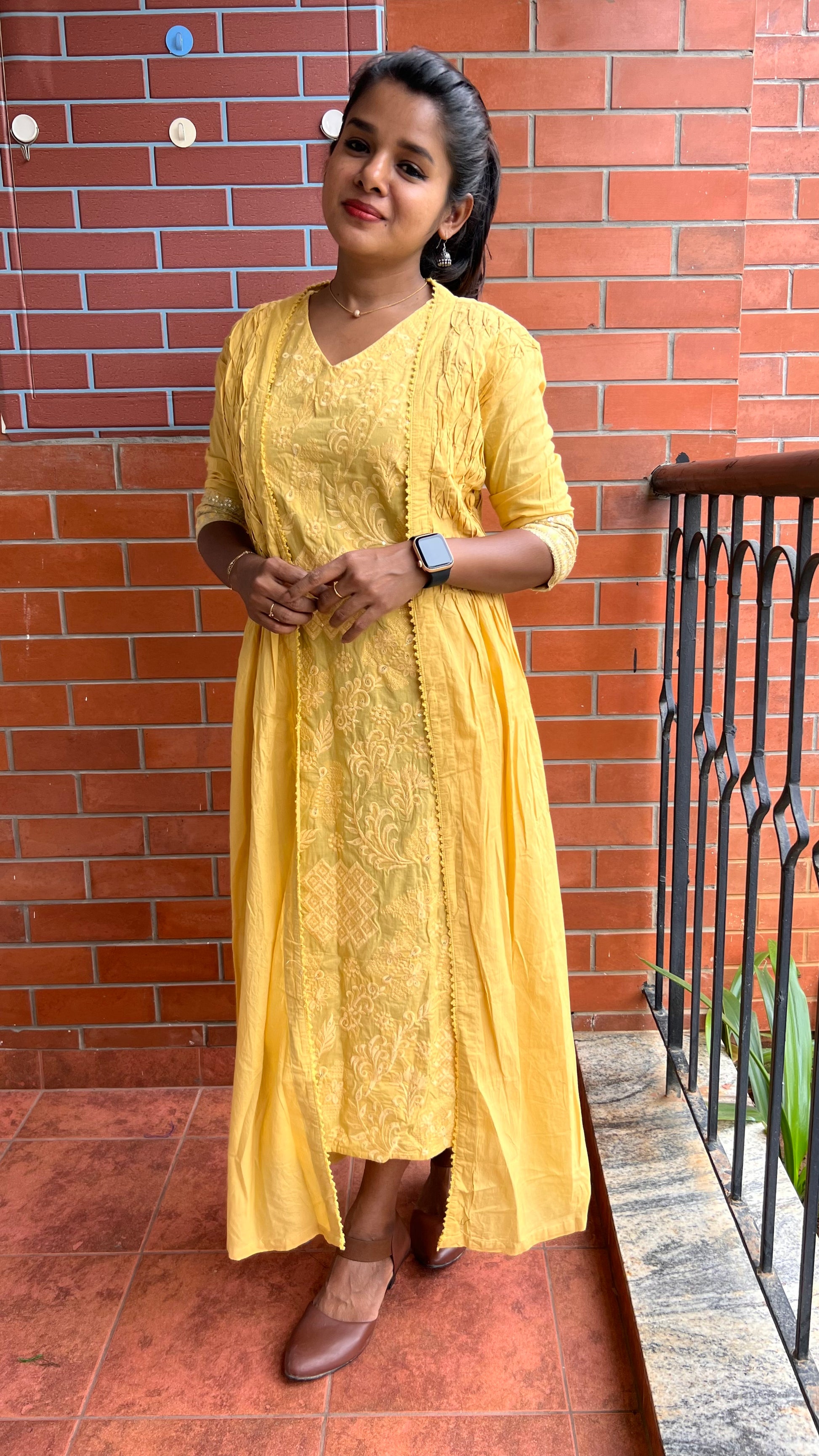 Yellow floral embroidery hand worked gown - Threads