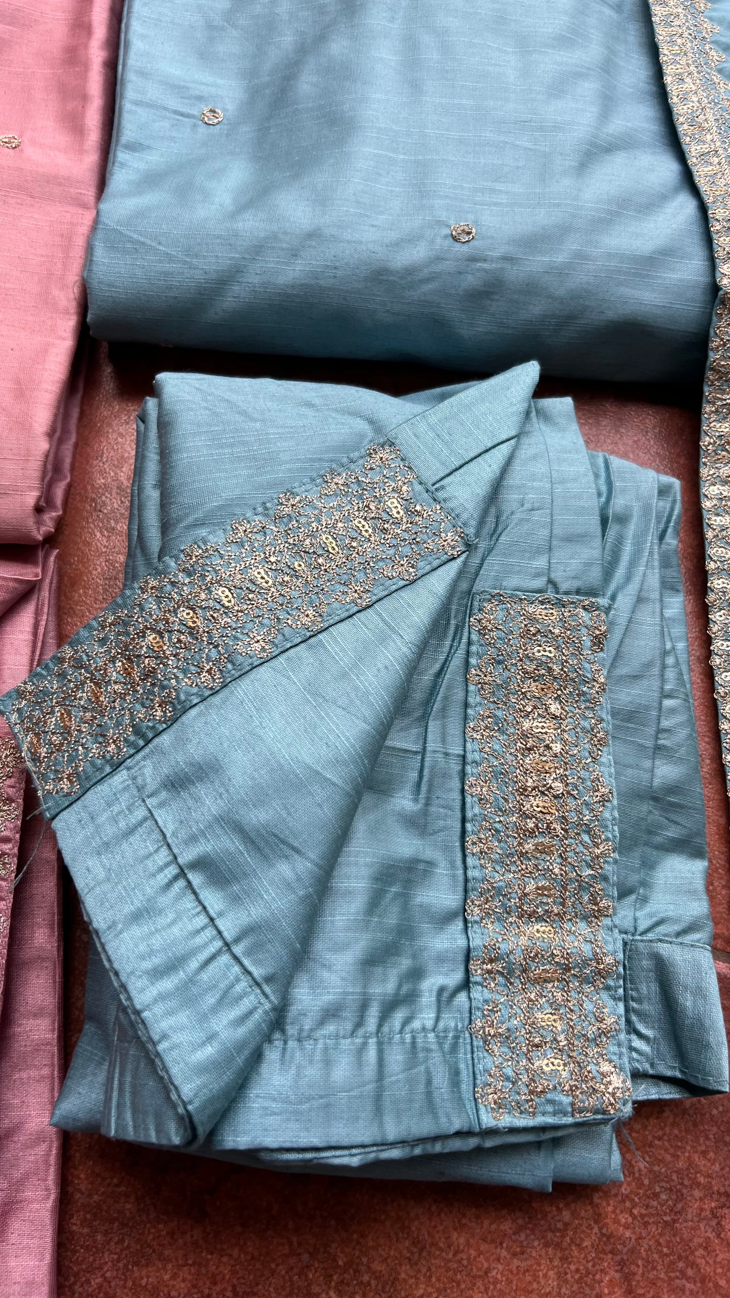 Light Blue silk embroidery hand worked 3 piece kurti set - Threads
