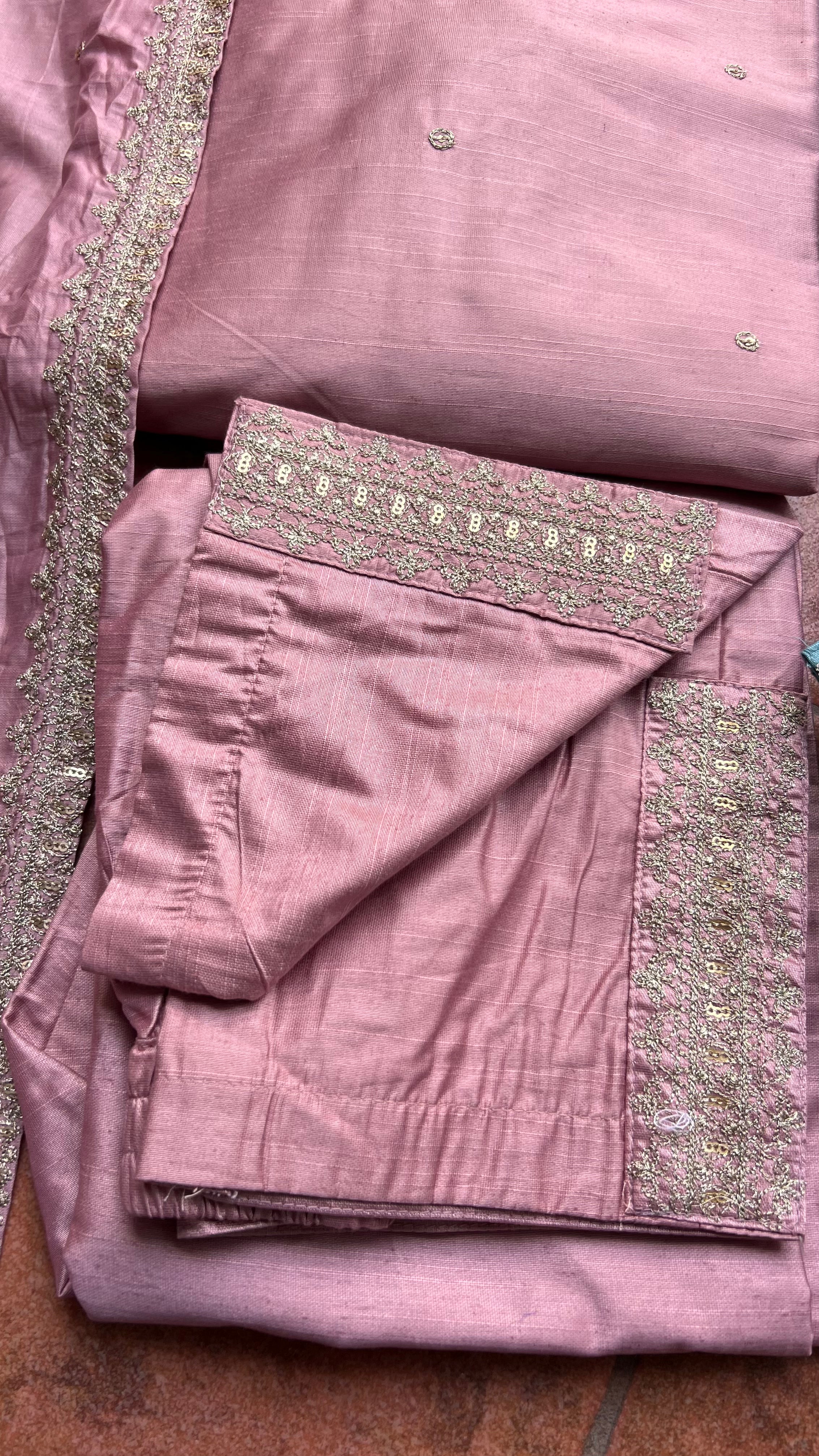 Peach and maroon embroidery hand worked 3 piece kurti set - Threads