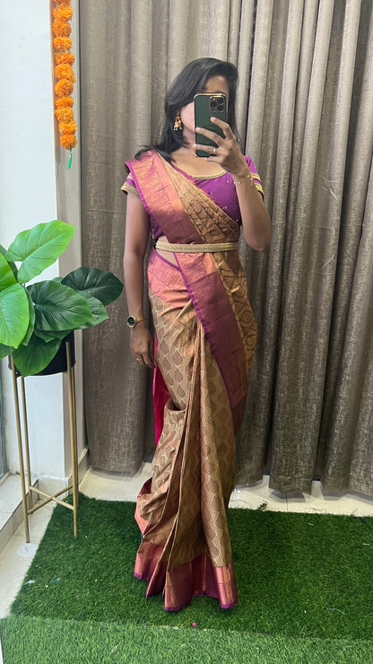 (Free full draping )Cream and golden silk saree with purple hand worked blouse