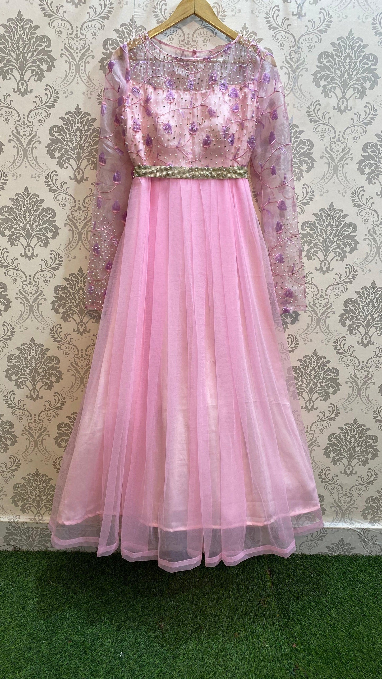 Baby Pink Embroidery Silk Party Wear Gown