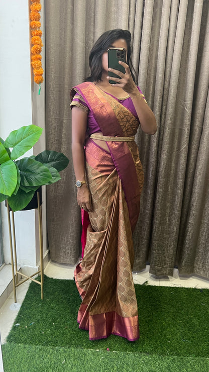(Free full draping )Cream and golden silk saree with purple hand worked blouse
