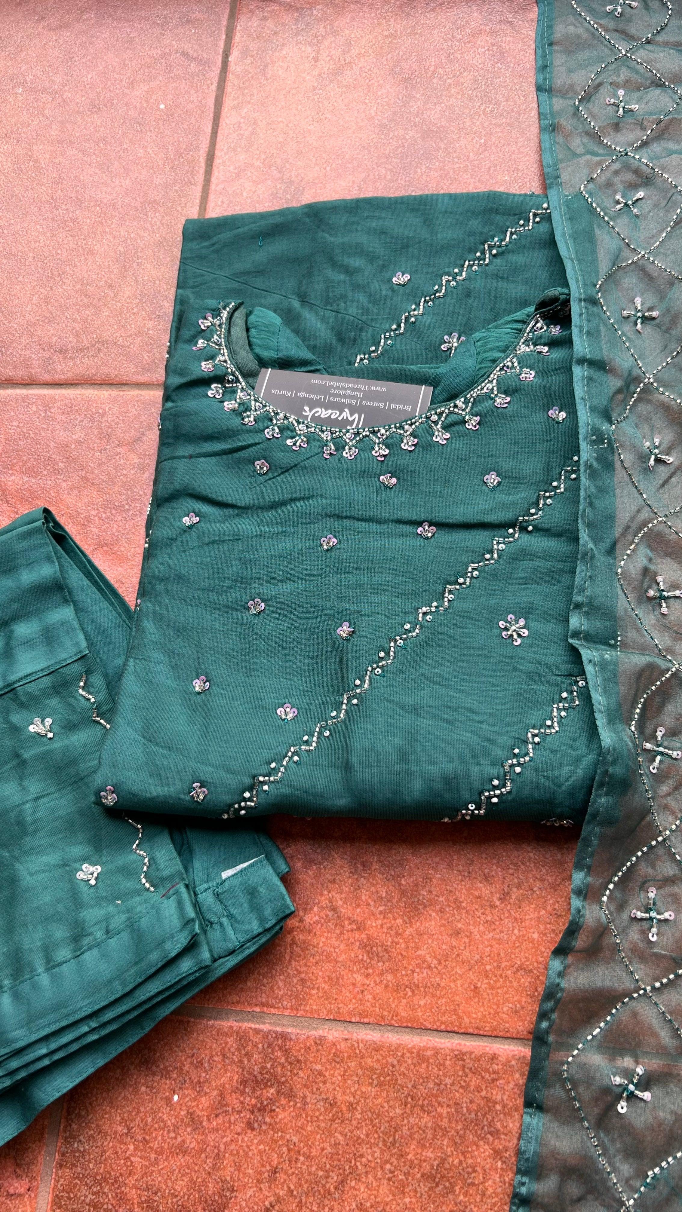 Light green silk embroidery hand worked 3 piece kurti set - Threads