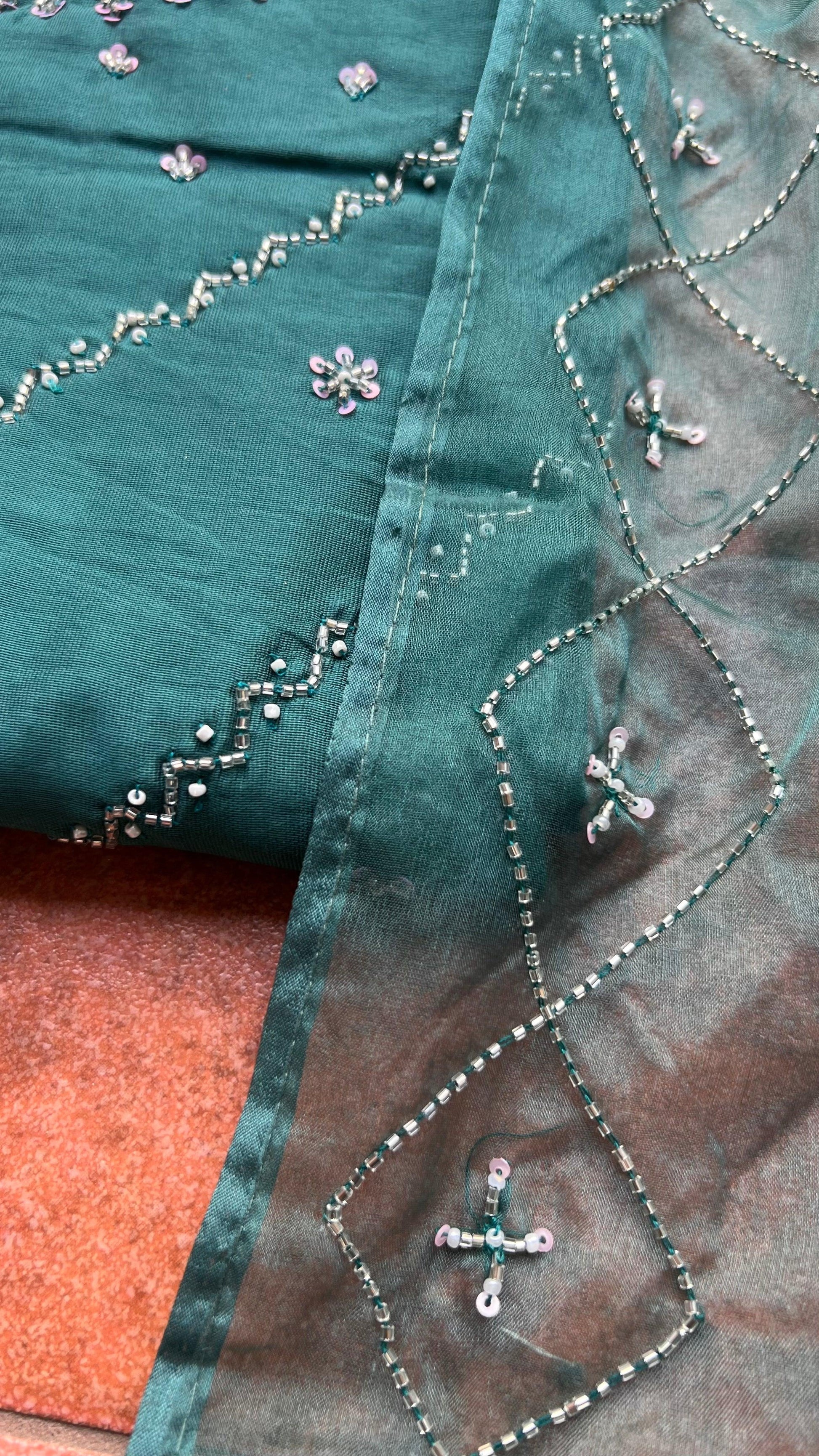 Light green silk embroidery hand worked 3 piece kurti set - Threads