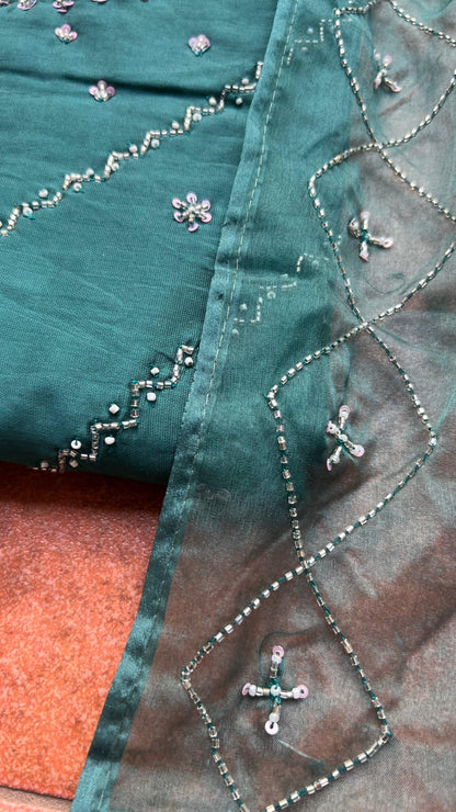 Light green silk embroidery hand worked 3 piece kurti set - Threads
