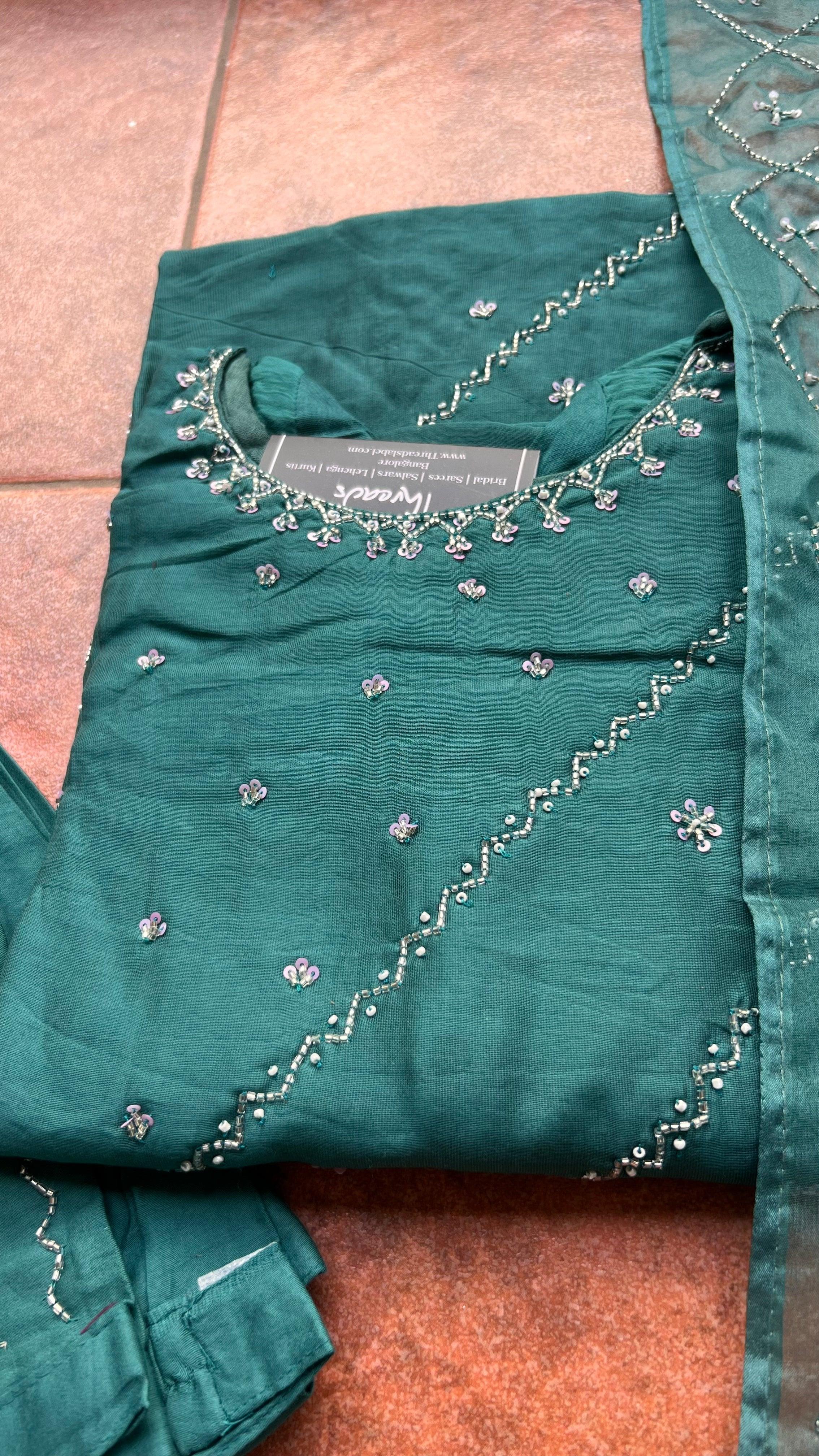Light green silk embroidery hand worked 3 piece kurti set - Threads