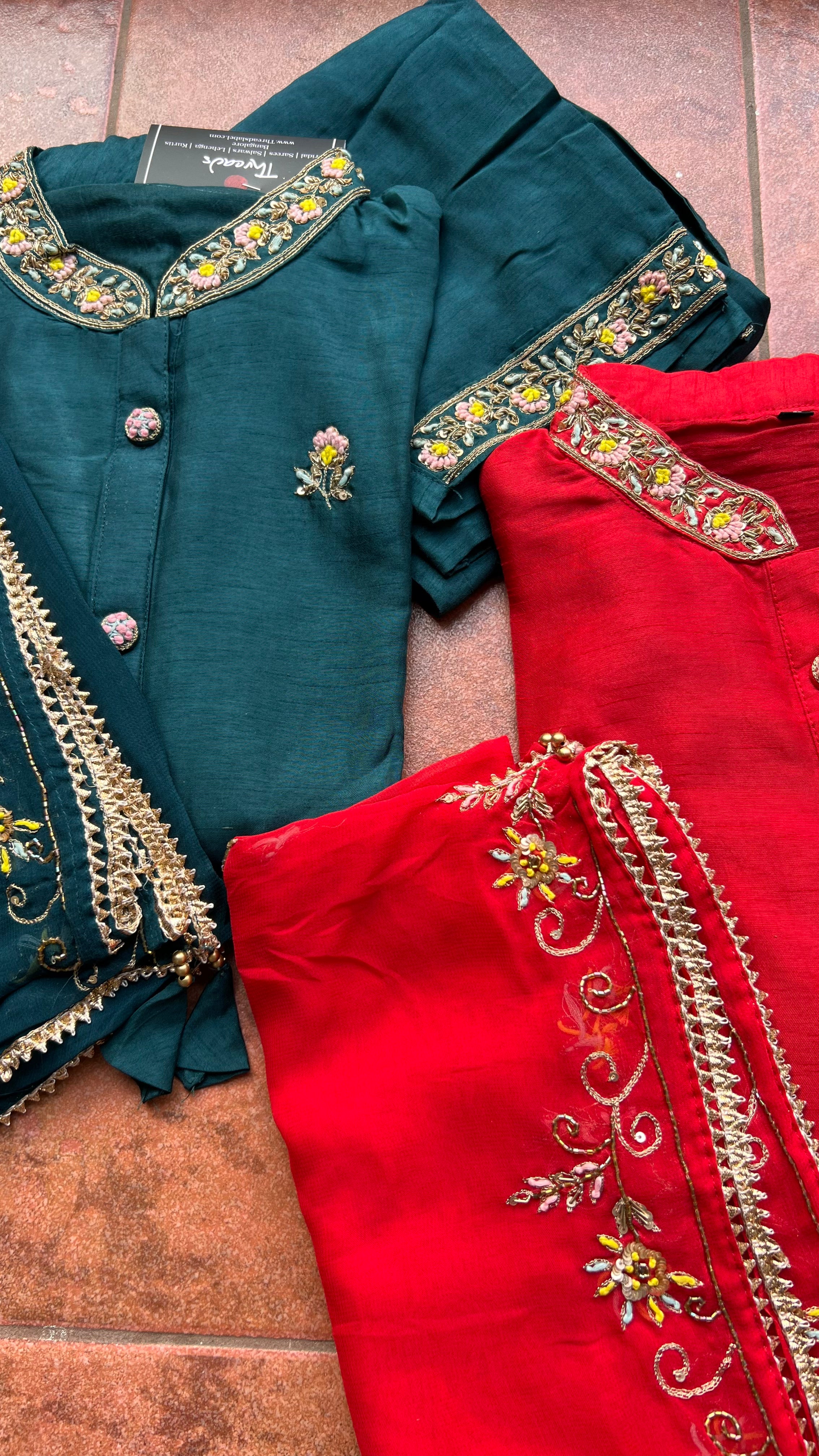 Red muslin silk embroidery hand worked 3 piece kurti set - Threads
