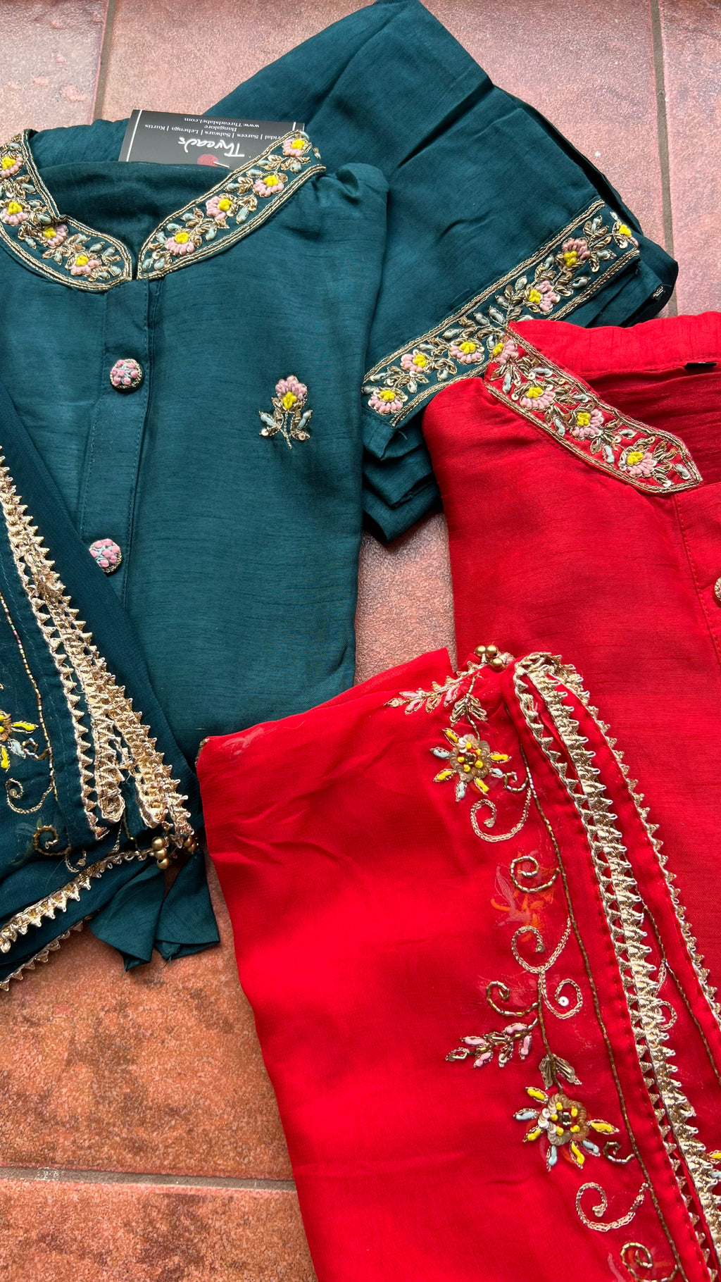 Bottle green muslin silk embroidery hand worked 3 piece kurti set - Threads
