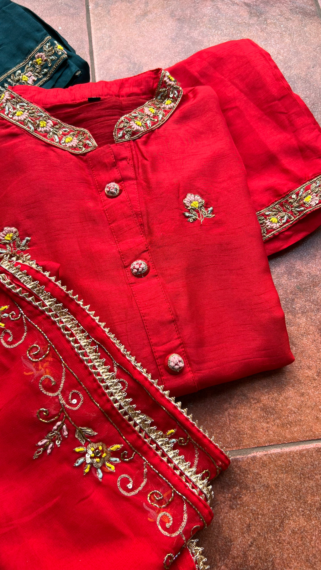 Red muslin silk embroidery hand worked 3 piece kurti set - Threads